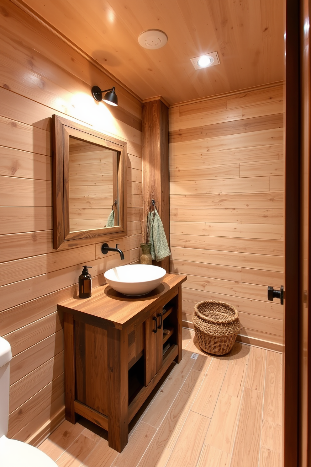 A cozy basement washroom featuring natural wood accents throughout. The walls are clad in light wood paneling, and a reclaimed wood vanity with a vessel sink adds a rustic touch. Warm LED lighting illuminates the space, highlighting the textures of the wood. A large mirror with a wooden frame reflects the inviting atmosphere, while a woven basket sits in the corner for storage.