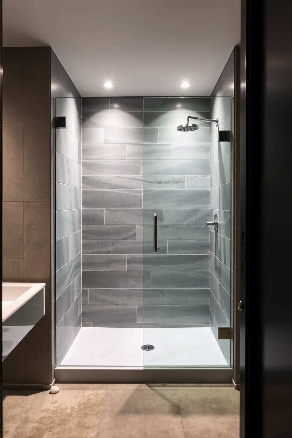 A sleek basement washroom featuring a glass shower enclosure that adds a modern touch. The walls are adorned with stylish tiles in shades of gray, and the floor is a polished concrete for a contemporary feel.