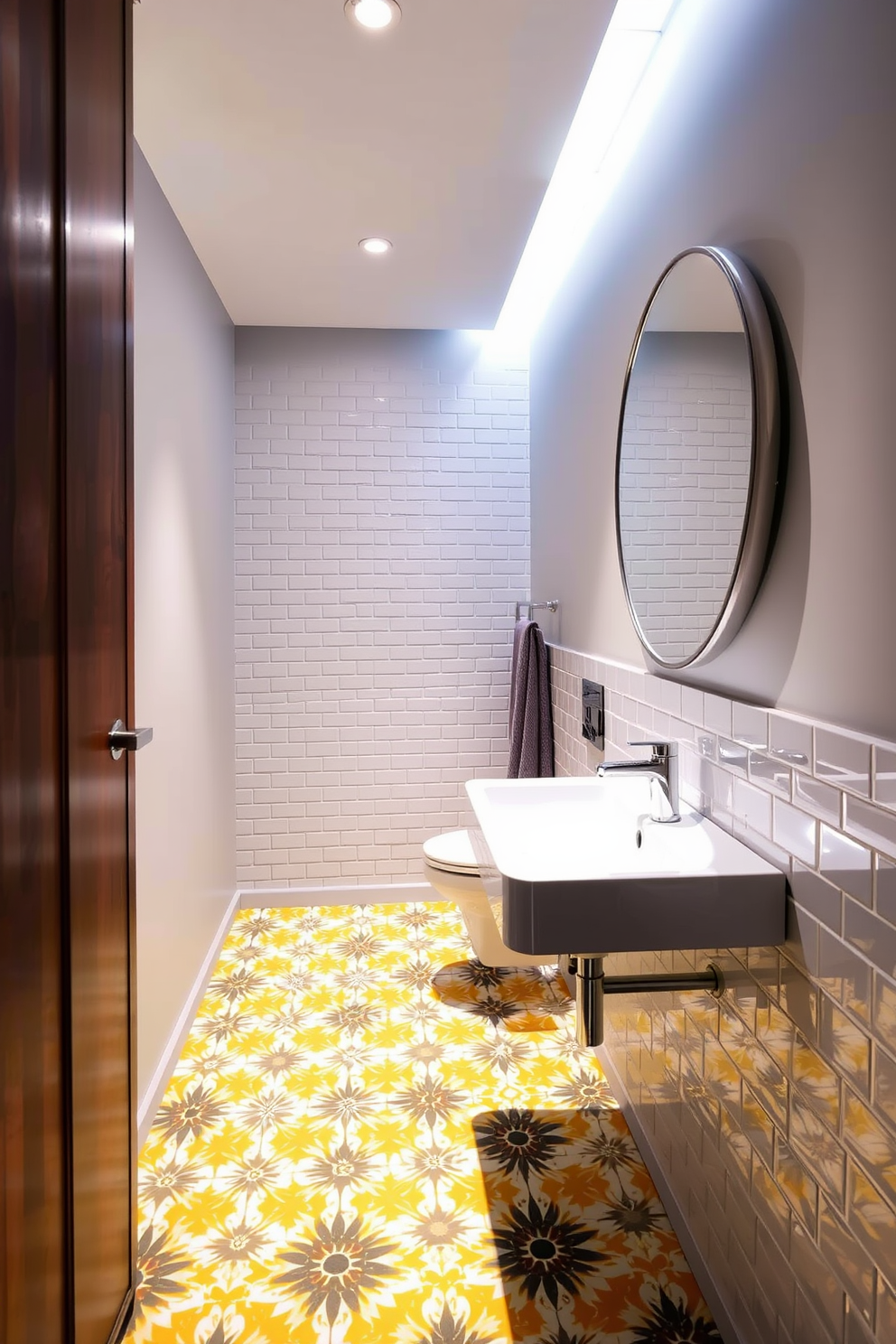 A stylish basement washroom featuring bold patterned floor tiles that add character to the space. The walls are adorned with light gray paint, creating a modern contrast to the vibrant tiles. A sleek, wall-mounted sink is positioned against one wall, complemented by a large round mirror above it. Soft, ambient lighting enhances the overall aesthetic, providing a warm and inviting atmosphere.