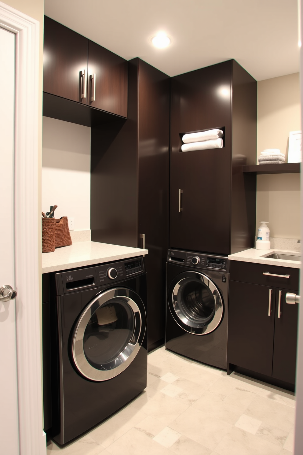 A stylish integrated laundry area designed for convenience. This basement washroom features sleek cabinetry with a modern washer and dryer, complemented by a countertop for folding clothes and organizing laundry essentials.