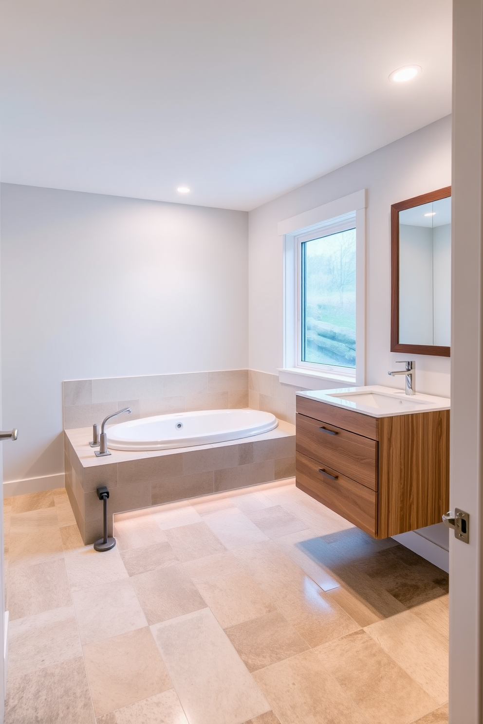 A serene basement washroom featuring spa-like elements. The centerpiece is a luxurious soaking tub surrounded by natural stone tiles, creating a tranquil atmosphere. Soft ambient lighting highlights the space, while a floating wooden vanity with a sleek countertop provides ample storage. A large window allows natural light to filter in, enhancing the calming color palette of soft blues and whites.