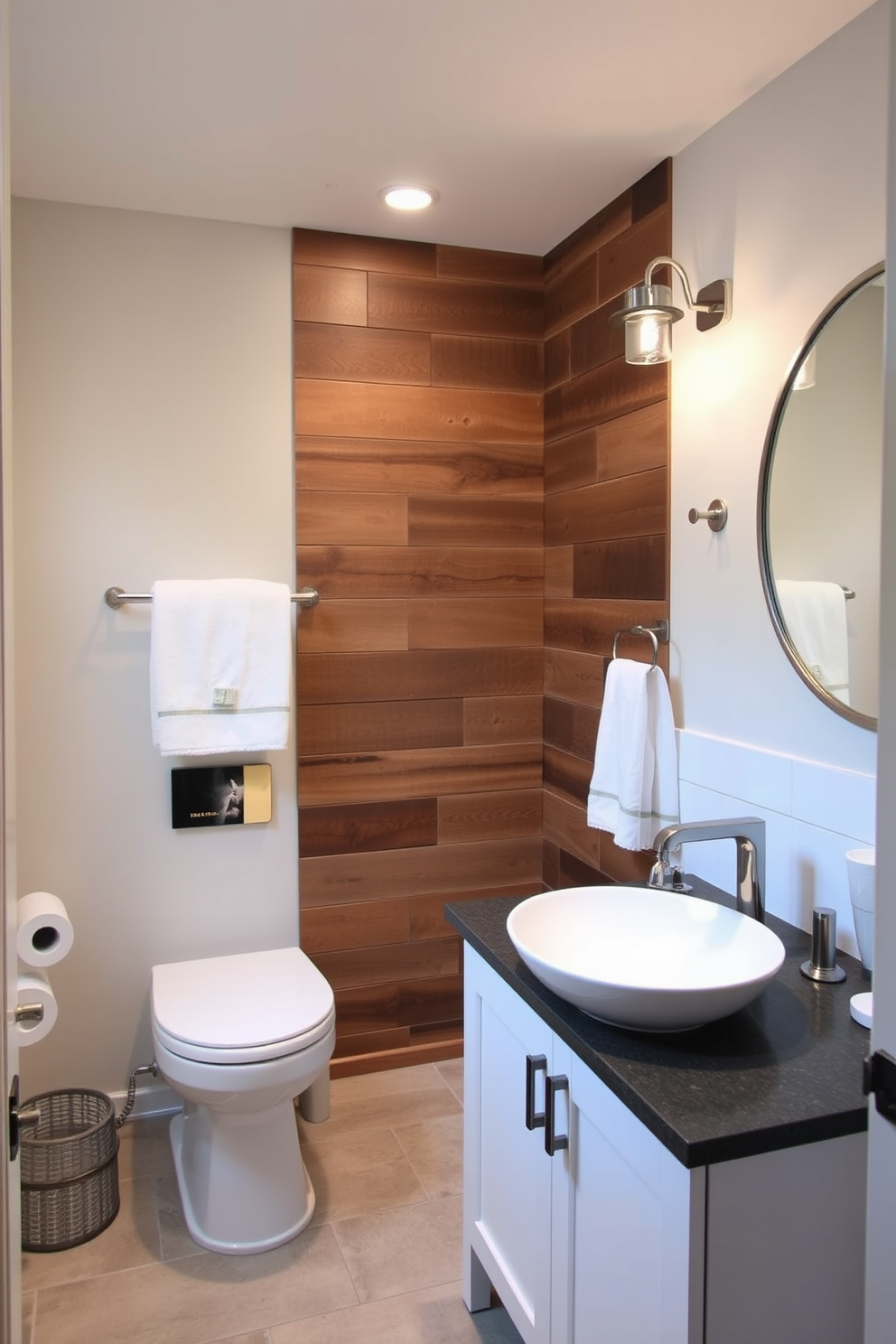 Create a cozy basement washroom featuring an accent wall made of reclaimed wood that adds warmth and character to the space. The washroom includes modern fixtures, a sleek vanity with a vessel sink, and ambient lighting to enhance the inviting atmosphere.