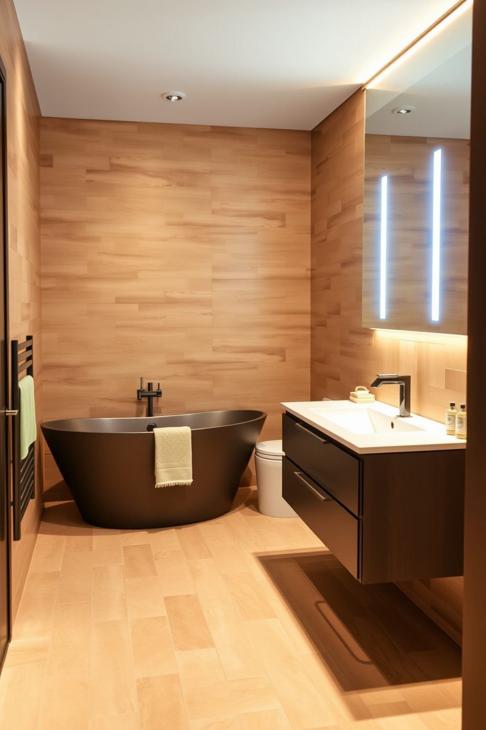 Artistic tile patterns create a captivating focal point in a basement washroom. The walls are adorned with vibrant geometric tiles that add depth and character to the space. The floor features a mix of colorful mosaic tiles that enhance the artistic theme. A sleek, modern vanity complements the bold tile choices, creating a harmonious balance in the design.