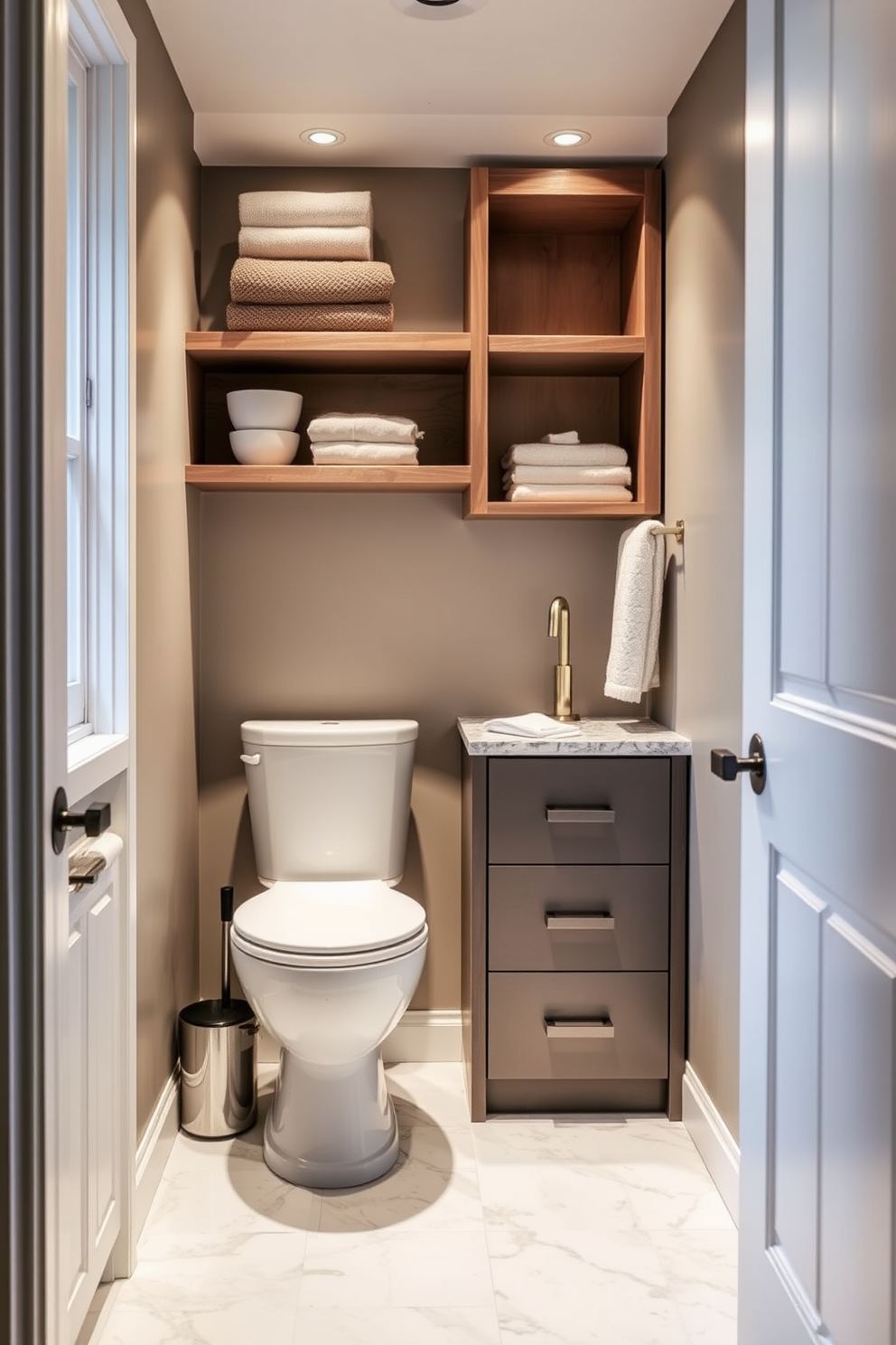 Smart storage solutions for small areas. The basement washroom features a compact design with built-in shelves above the toilet and a sleek vanity with drawers for organized storage.