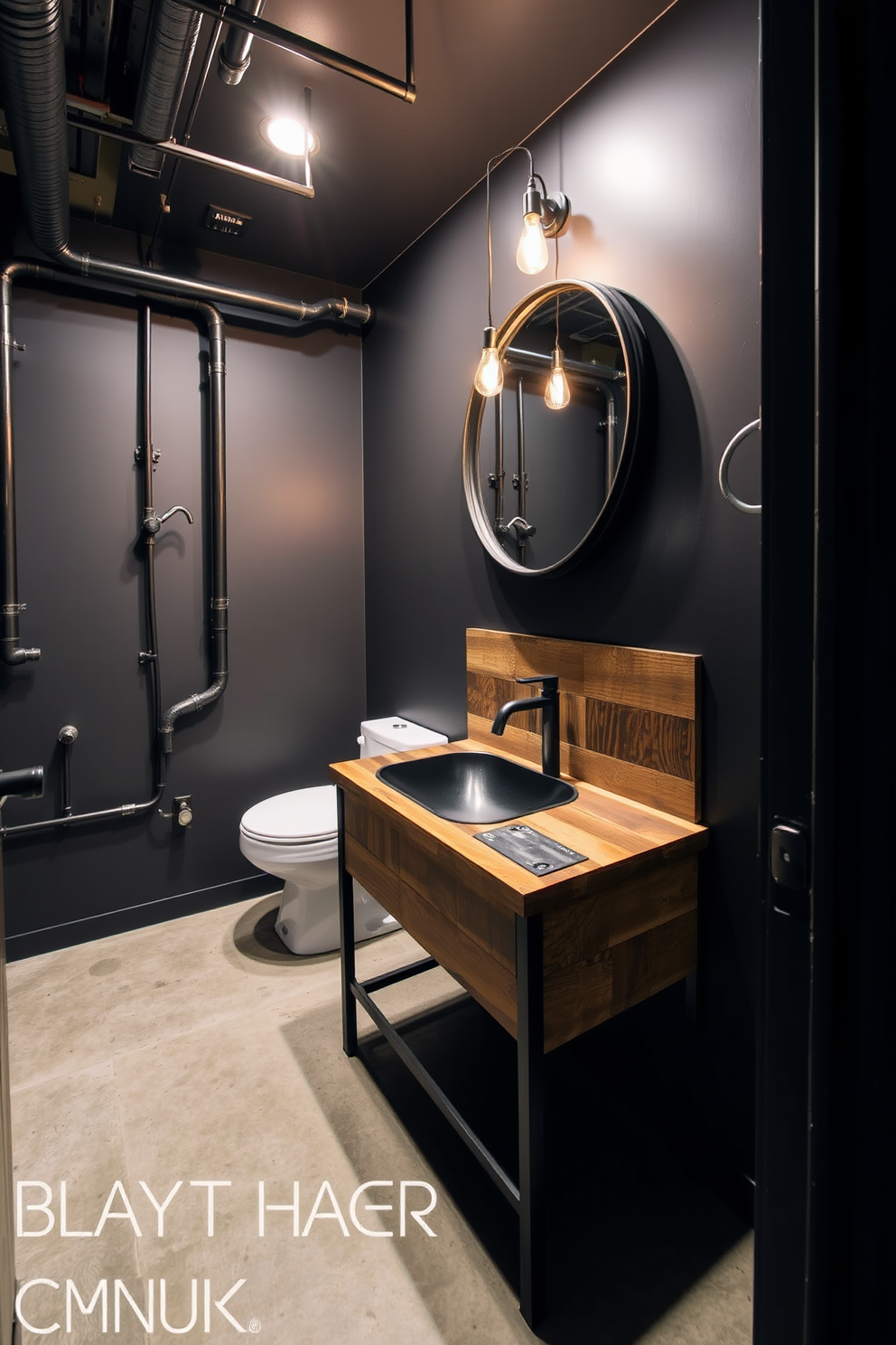 A basement washroom featuring industrial elements with exposed metal fixtures and pipes. The walls are painted in a deep charcoal color, and the floor is a polished concrete with a matte finish. The vanity is made of reclaimed wood with a sleek black metal sink. Above the vanity, a large round mirror with a black metal frame reflects the ambient light from vintage-style Edison bulbs.