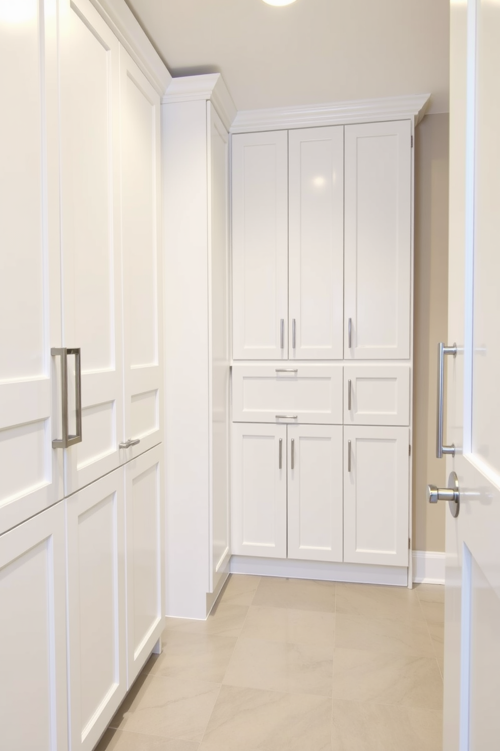 Bright white cabinetry creates a clean and modern aesthetic in the basement washroom. The space features sleek lines and minimalistic hardware, enhancing the overall brightness of the room. Complementing the cabinetry are polished chrome fixtures that add a touch of elegance. The flooring is a light gray tile that contrasts beautifully with the cabinetry, creating a fresh and inviting atmosphere.