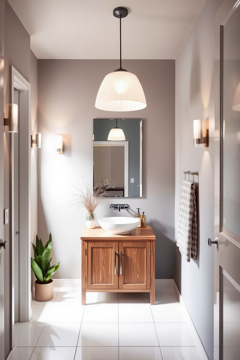 A stylish basement washroom featuring creative lighting fixtures that serve as focal points. The space includes modern sconces on the walls and a statement pendant light hanging above the vanity. The walls are painted in a soft gray tone, complemented by sleek white tiles on the floor. A minimalist wooden vanity with a vessel sink adds elegance, while decorative plants bring a touch of nature into the design.