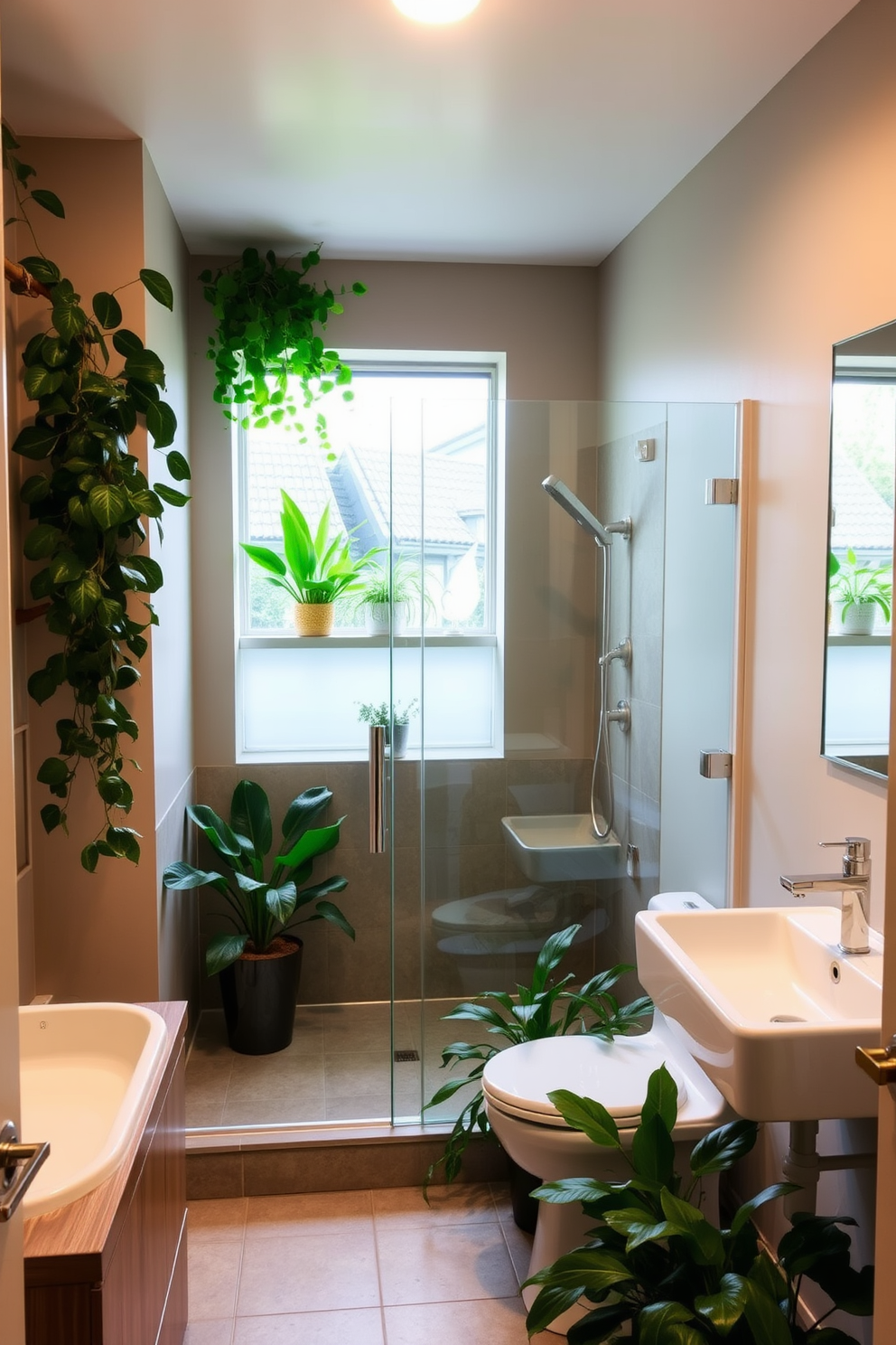 A serene basement washroom featuring lush greenery to bring a touch of nature indoors. The space includes a sleek white sink with a wooden vanity and a large window that allows natural light to illuminate the vibrant plants placed on the windowsill. The walls are painted in a soft beige, creating a warm and inviting atmosphere. A stylish shower area is designed with glass doors, and potted plants are strategically placed to enhance the calming ambiance.