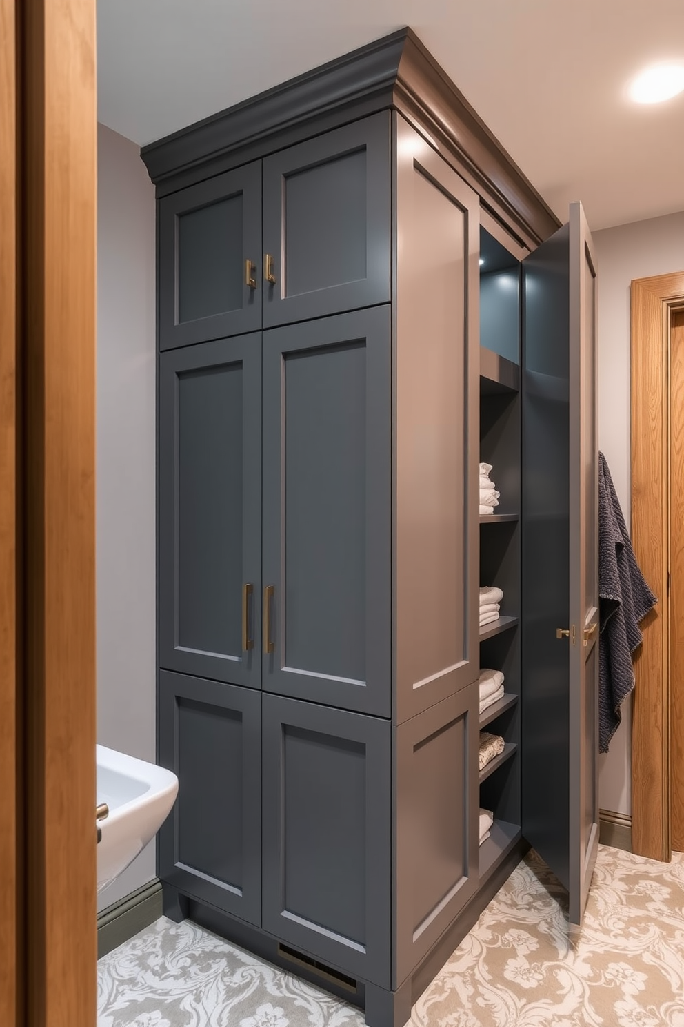 A cozy basement washroom featuring warm wood tones throughout the space. The walls are lined with rich wooden paneling, and a rustic wooden vanity complements the earthy aesthetic. Soft lighting fixtures create a welcoming ambiance, enhancing the natural warmth of the wood. A large mirror above the vanity reflects the inviting design, while a plush rug adds comfort underfoot.