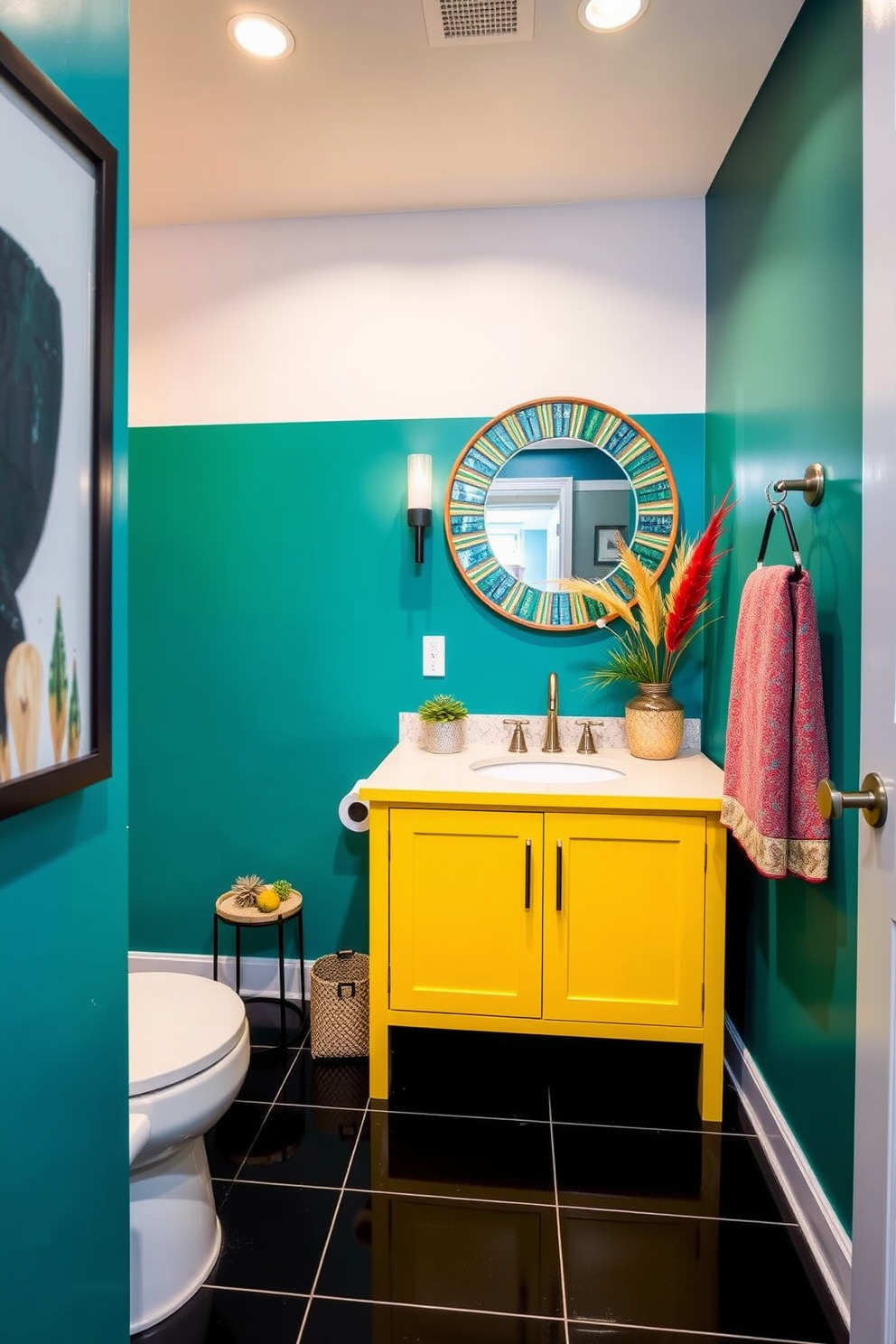 A functional laundry area features sleek cabinetry with ample storage space, designed to keep appliances hidden yet accessible. The countertops are made of durable quartz, providing a practical workspace for folding clothes and organizing laundry supplies. In the basement washroom, contemporary fixtures are paired with a stylish tile backsplash that adds a pop of color. Soft lighting illuminates the space, creating a warm and inviting atmosphere while maximizing functionality.