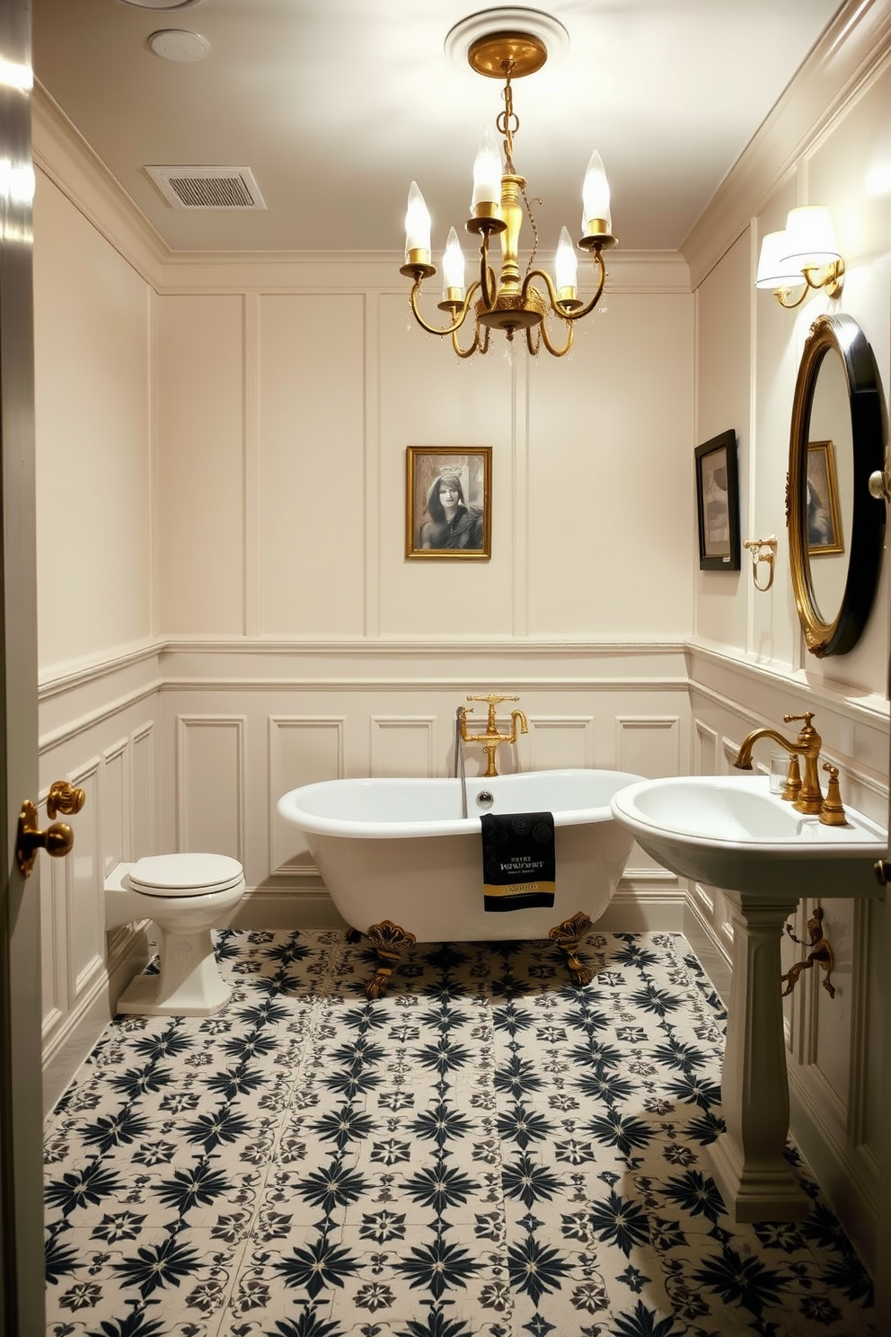 A basement washroom featuring vintage fixtures that exude timeless charm. The space is illuminated by a classic chandelier, and the walls are adorned with elegant wainscoting in a soft cream color. A freestanding clawfoot tub serves as the centerpiece, complemented by a vintage-style faucet in a polished brass finish. The floor is covered with intricate black and white tiles, adding a touch of sophistication to the overall design.