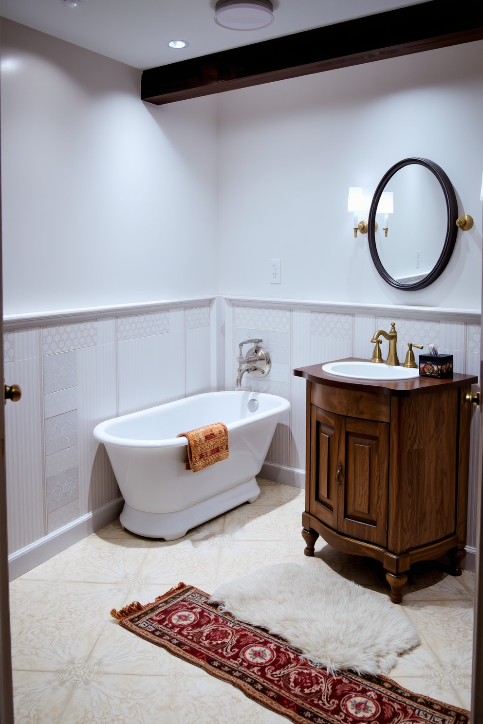 A cozy basement washroom featuring vintage tiles that showcase intricate patterns in soft pastel colors. The walls are adorned with classic white wainscoting, and a freestanding clawfoot bathtub sits elegantly in the corner. A rustic wooden vanity complements the retro aesthetic, topped with a polished brass faucet and a round mirror with an antique finish. Soft ambient lighting creates a warm atmosphere, while a plush area rug adds comfort underfoot.