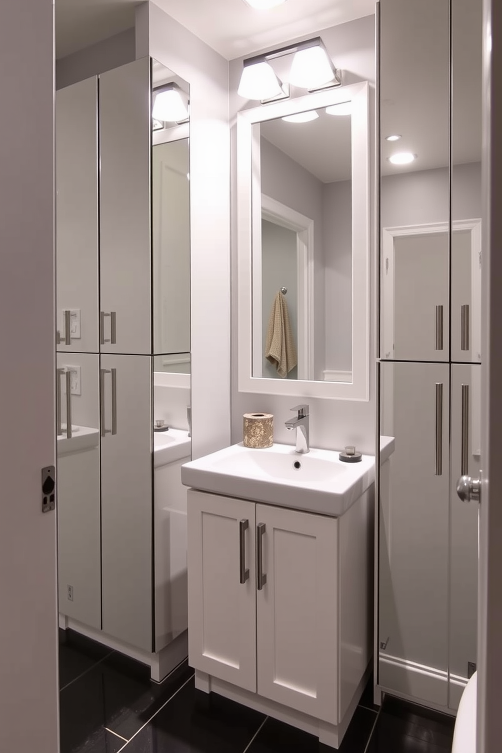 A stylish basement washroom featuring accent lighting that illuminates key design elements. The walls are finished in a soft gray hue, and a sleek glass shower enclosure is positioned in the corner. A modern floating vanity with a dark wood finish is complemented by a large round mirror. Under-cabinet lighting casts a warm glow on the textured tiles that line the floor.