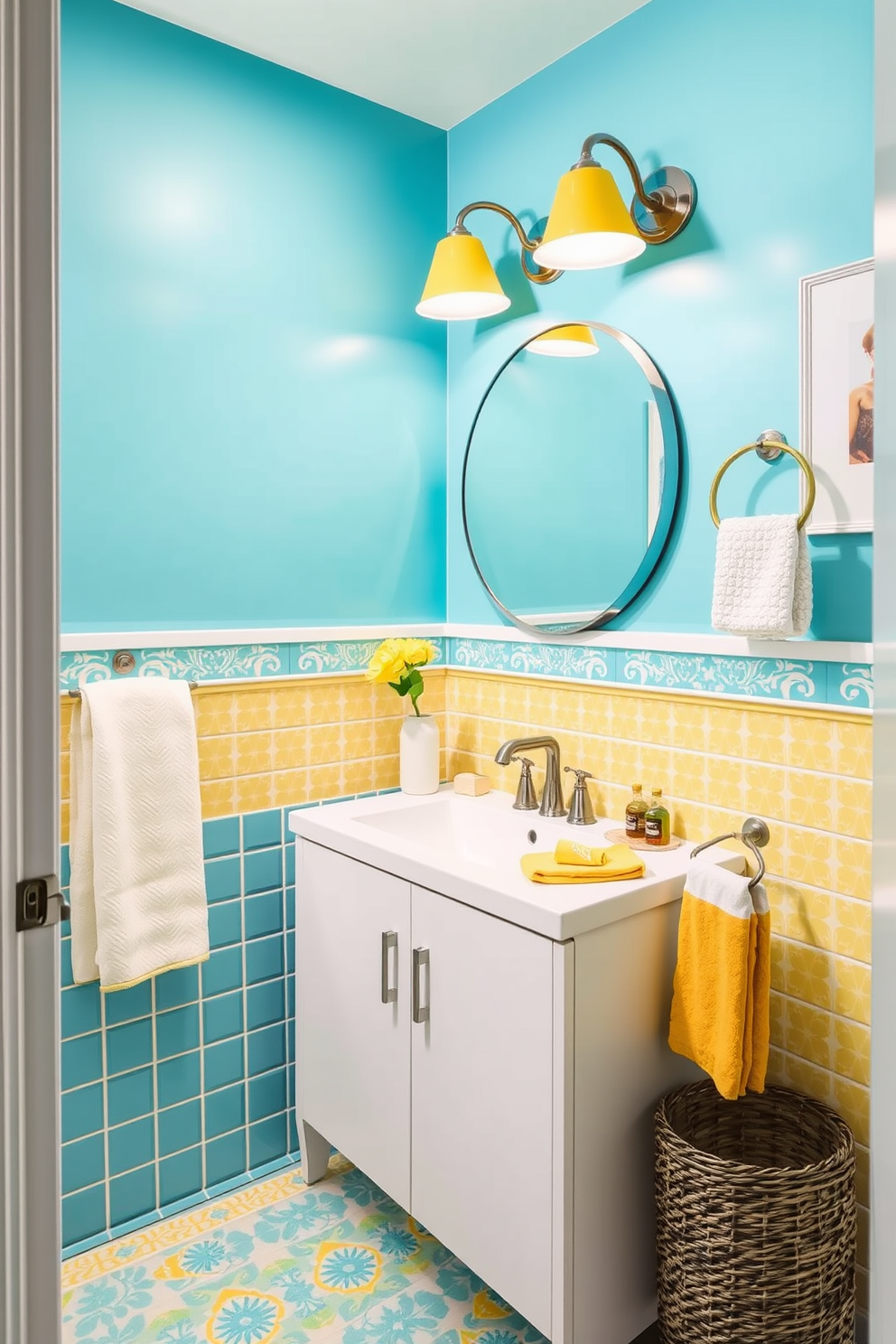 Bright colors can create a vibrant atmosphere in a small basement washroom. Consider using a combination of aqua blue and sunny yellow for the walls and accents to make the space feel larger and more inviting. Incorporate playful patterns in the tiles to add visual interest and character. A sleek white vanity with a round mirror can enhance the brightness and functionality of the washroom.