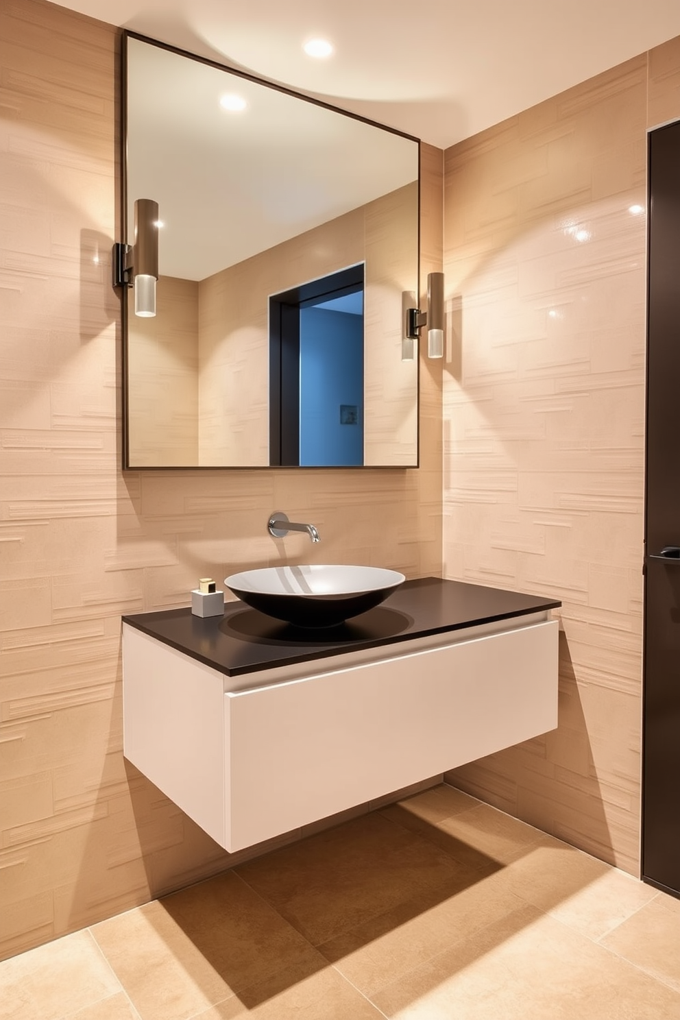 A sleek floating vanity in a contemporary basement washroom creates a modern aesthetic. The vanity features clean lines and a minimalist design, complemented by a stylish vessel sink and a chic faucet. The walls are adorned with textured tiles in neutral tones, enhancing the spacious feel of the room. A large mirror above the vanity reflects light, while stylish sconces provide additional illumination.