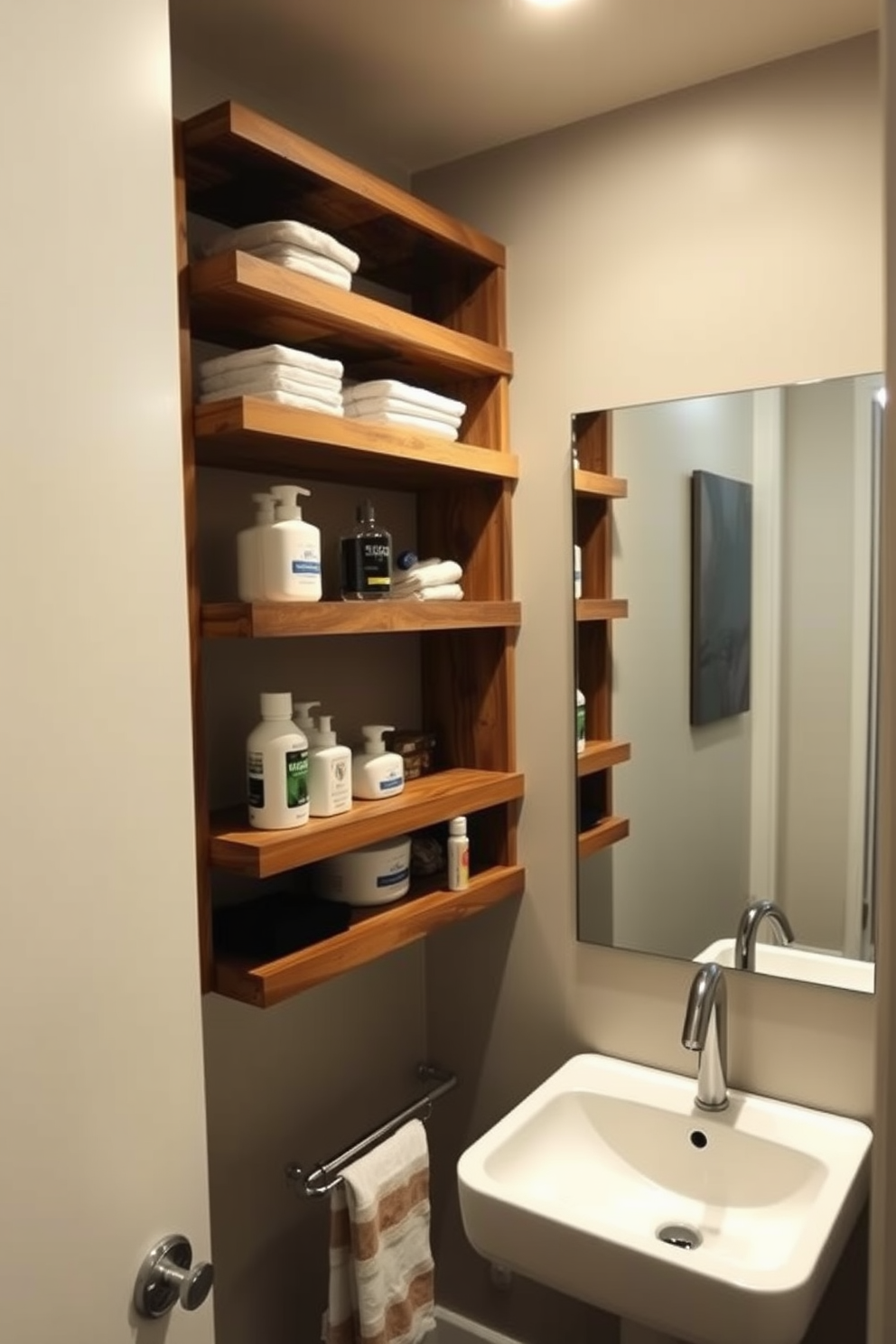 Open shelving lines the walls of the basement washroom, providing easy access to essential toiletries and cleaning supplies. The shelves are crafted from reclaimed wood, adding a rustic charm to the space while maintaining functionality. The washroom features a sleek, modern sink with a stylish faucet, complemented by a large mirror above. Soft, ambient lighting illuminates the area, creating a warm and inviting atmosphere perfect for a basement retreat.