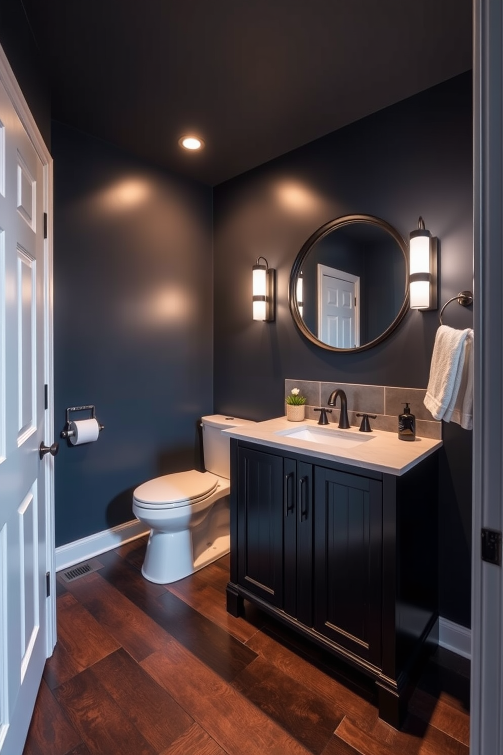 A stylish basement washroom featuring industrial pipes and exposed brick walls. The space includes a sleek black freestanding tub and a minimalist sink with a metal faucet, complemented by warm ambient lighting.