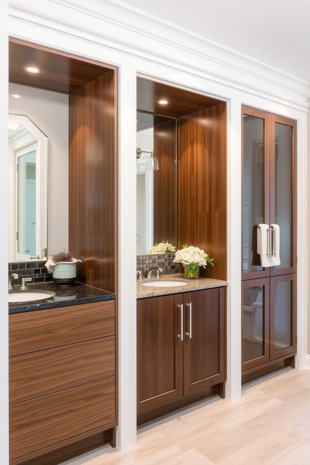 A sleek bathroom cabinet with a high gloss finish features clean lines and minimalistic hardware. The cabinet is complemented by a large frameless mirror that enhances the contemporary aesthetic of the space. Incorporating open shelving allows for stylish display of decorative items and easy access to essentials. The color palette is a blend of soft whites and neutrals, creating a bright and airy atmosphere.