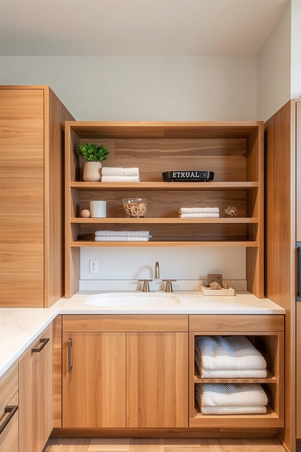 A modern bathroom features a textured wood cabinet with clean lines and a sleek finish. The cabinet is complemented by a large mirror that reflects natural light, enhancing the overall ambiance. The space is accented with warm lighting that highlights the wood's grain and adds a cozy feel. A minimalist sink sits atop the cabinet, paired with stylish fixtures for a contemporary touch.