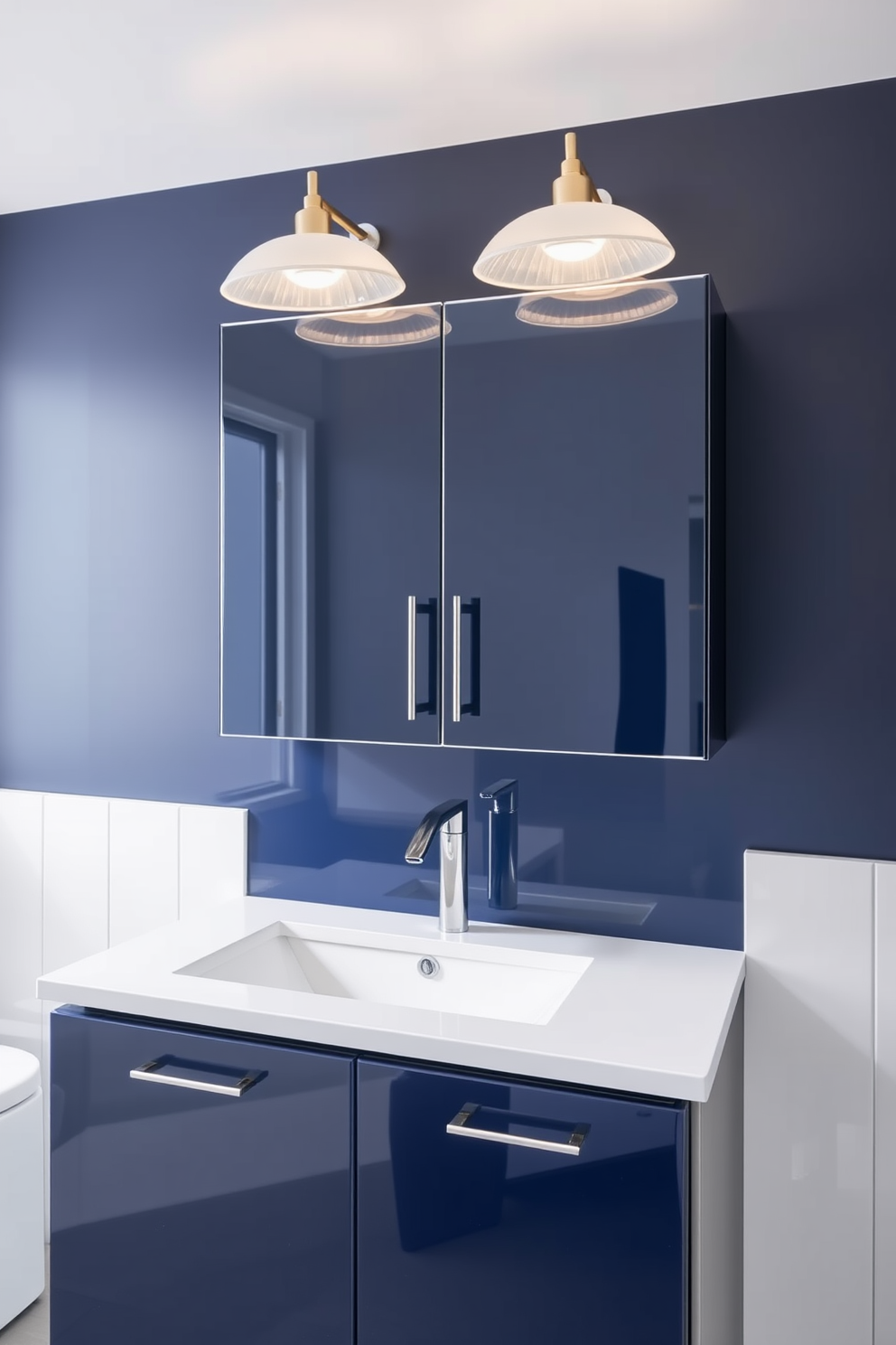 A sleek bathroom cabinet with a high-gloss finish showcases a modern aesthetic. The cabinet features clean lines and minimalist hardware, creating a seamless integration with the surrounding decor. The color palette includes a striking combination of deep navy and crisp white. Elegant lighting fixtures above the cabinet highlight its glossy surface, adding a touch of sophistication.