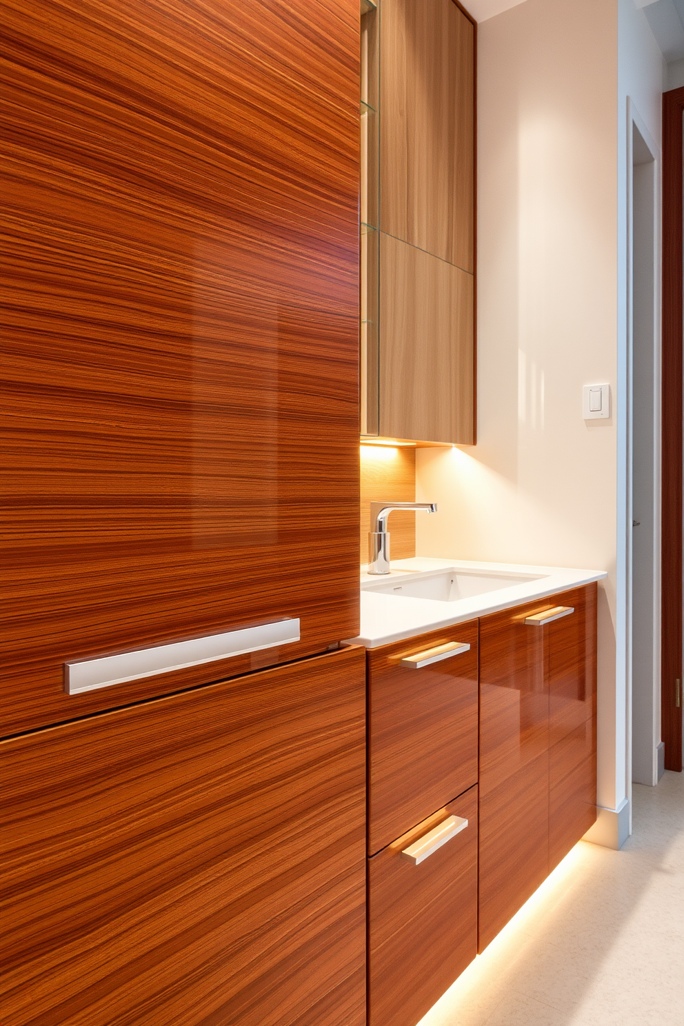 A modern bathroom featuring sleek wall-mounted cabinets that maximize space while providing ample storage. The cabinets are finished in a glossy white with minimalist handles, perfectly complementing the light gray walls and elegant fixtures. The design includes a spacious mirror above the sink area, reflecting the stylish cabinetry and enhancing the room's brightness. Soft, ambient lighting illuminates the space, creating a warm and inviting atmosphere.