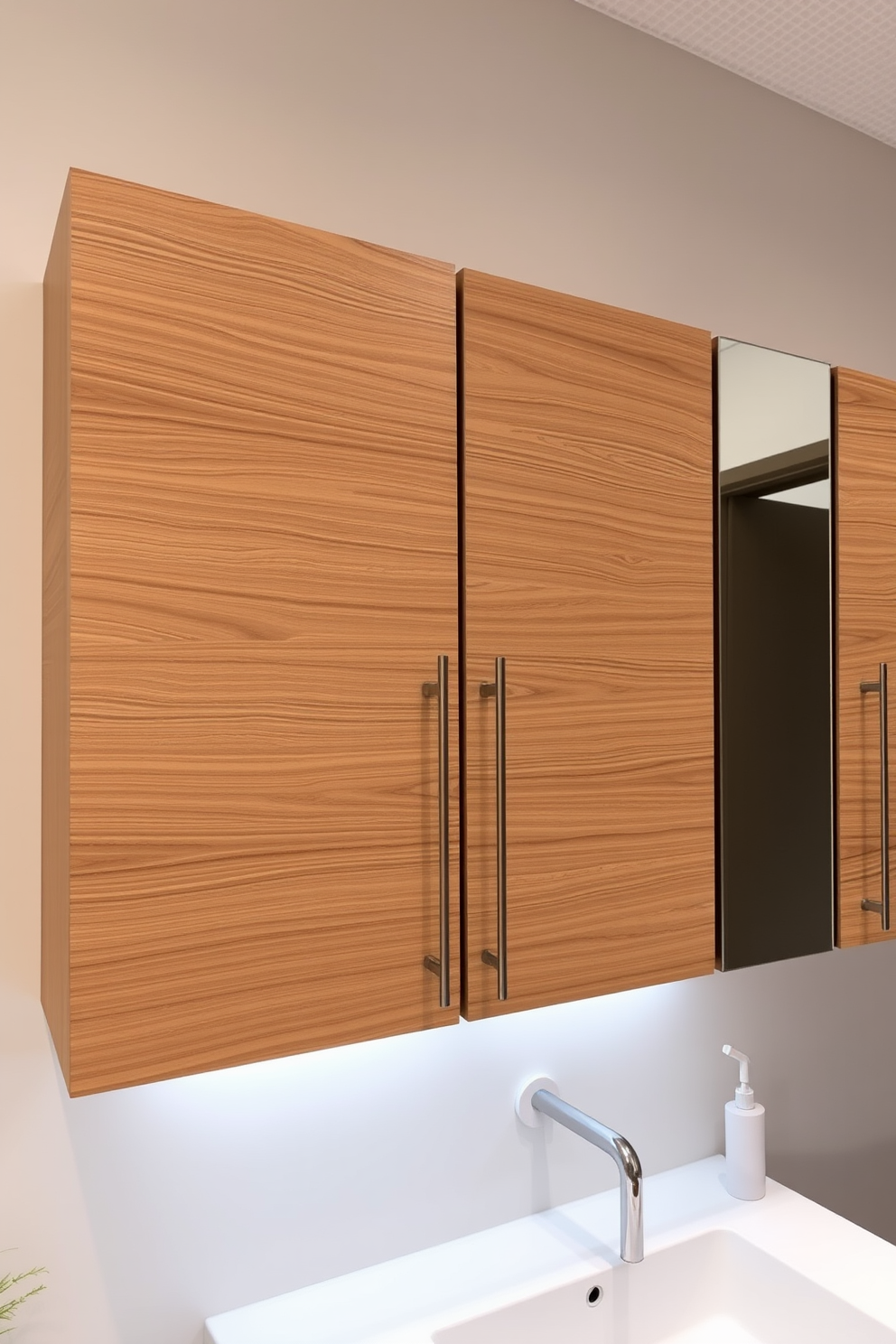 A modern bathroom cabinet featuring textured wooden doors that create depth and visual interest. The cabinet is complemented by sleek metal handles and a minimalist countertop that enhances the overall aesthetic. Incorporating soft ambient lighting above the cabinet highlights the unique textures of the doors. The color palette consists of warm neutrals, allowing the cabinet to become a focal point in the space.