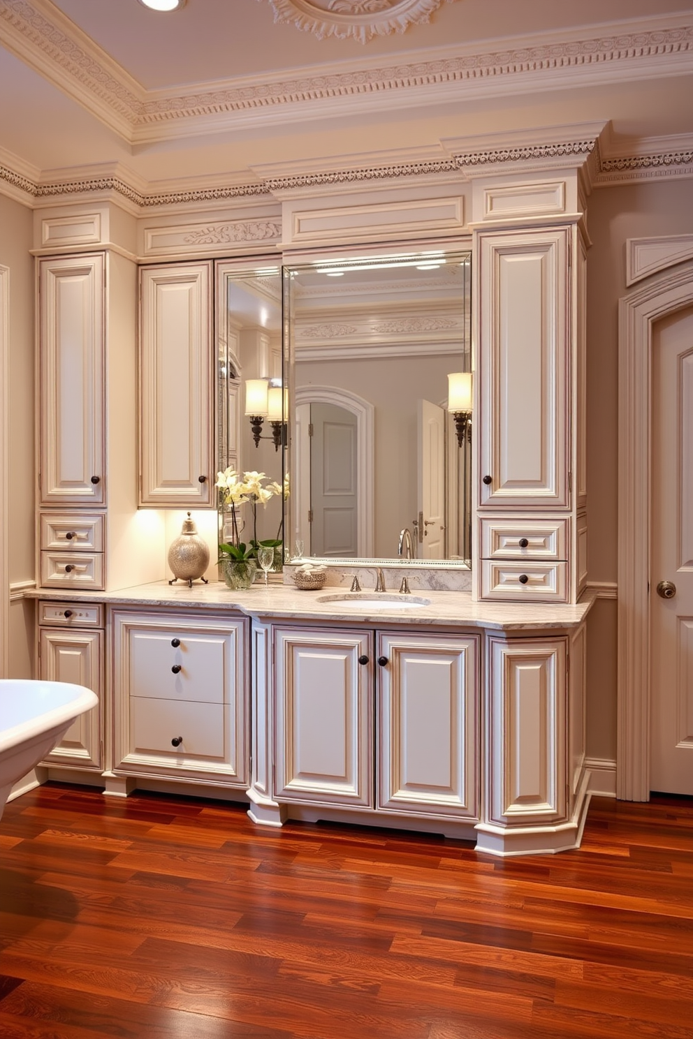 A luxurious bathroom featuring elegant cabinets with intricate decorative moldings. The cabinets are painted in a soft white finish, providing a classic contrast to the dark wood flooring. Soft ambient lighting highlights the detailed craftsmanship of the moldings. A marble countertop complements the cabinets, adorned with stylish fixtures and decorative accessories.