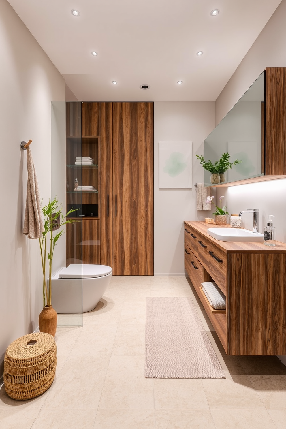 A sleek bathroom featuring eco-friendly materials such as reclaimed wood and recycled glass. The cabinetry showcases innovative storage solutions while maintaining a minimalist aesthetic. The design incorporates natural elements like bamboo and organic cotton textiles. Soft, earthy tones create a calming atmosphere, enhancing the sustainable approach.