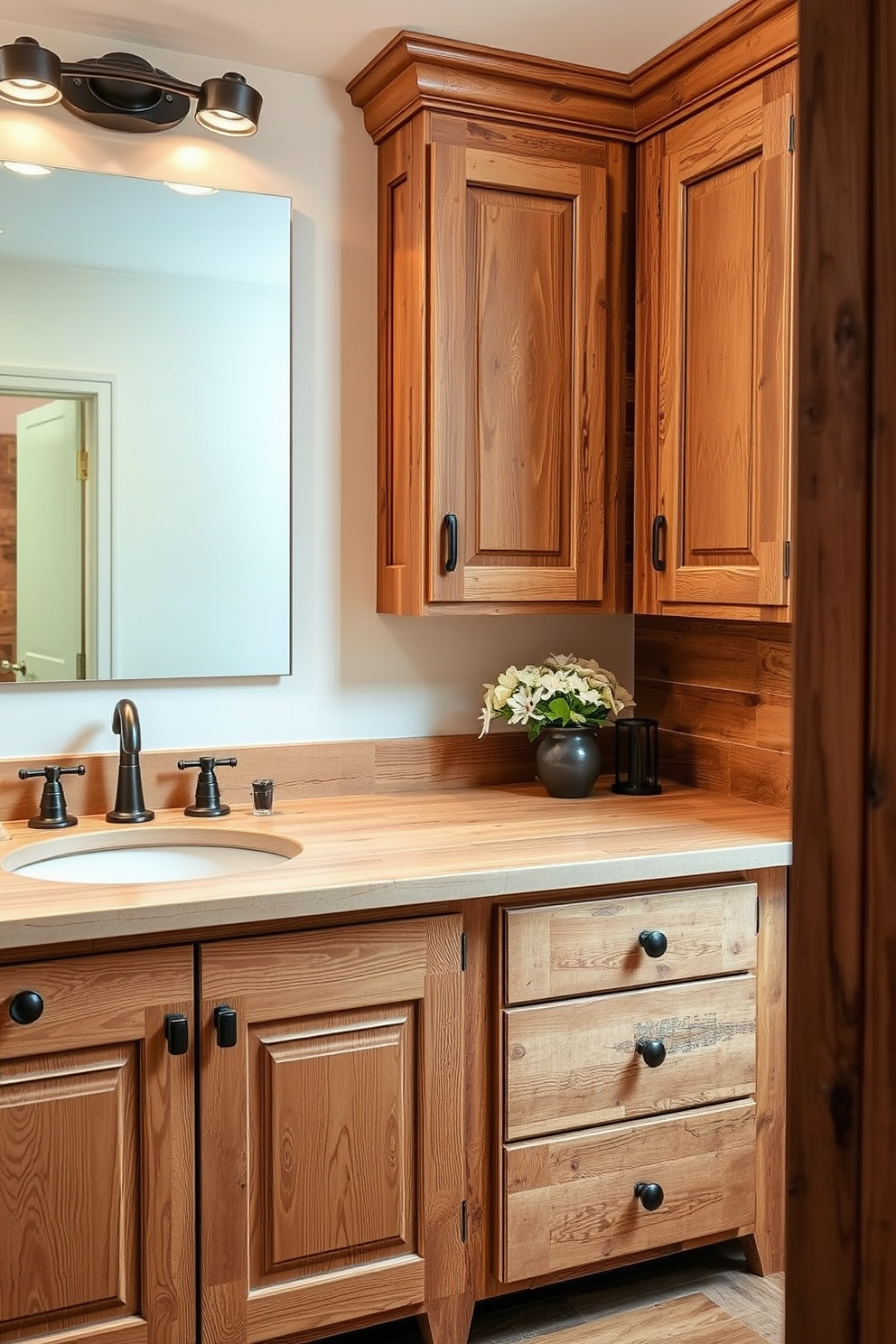 Rustic wood cabinets create a warm and inviting atmosphere in a bathroom. The cabinets feature a distressed finish and are complemented by vintage-style hardware, enhancing the cozy aesthetic. The design incorporates open shelving to display decorative items and neatly folded towels. Soft, ambient lighting highlights the natural grain of the wood, creating a serene and relaxing space.