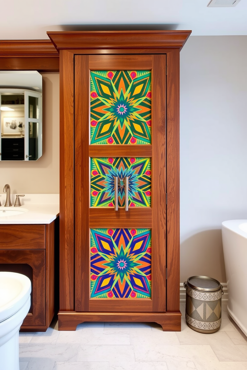 A bathroom cabinet featuring bold patterns on the doors creates a striking focal point. The cabinet is crafted from high-quality wood, showcasing intricate geometric designs in vibrant colors. The cabinet is complemented by sleek metallic handles that enhance its modern appeal. Surrounding the cabinet, the walls are adorned with a subtle, neutral tone to balance the boldness of the patterns.