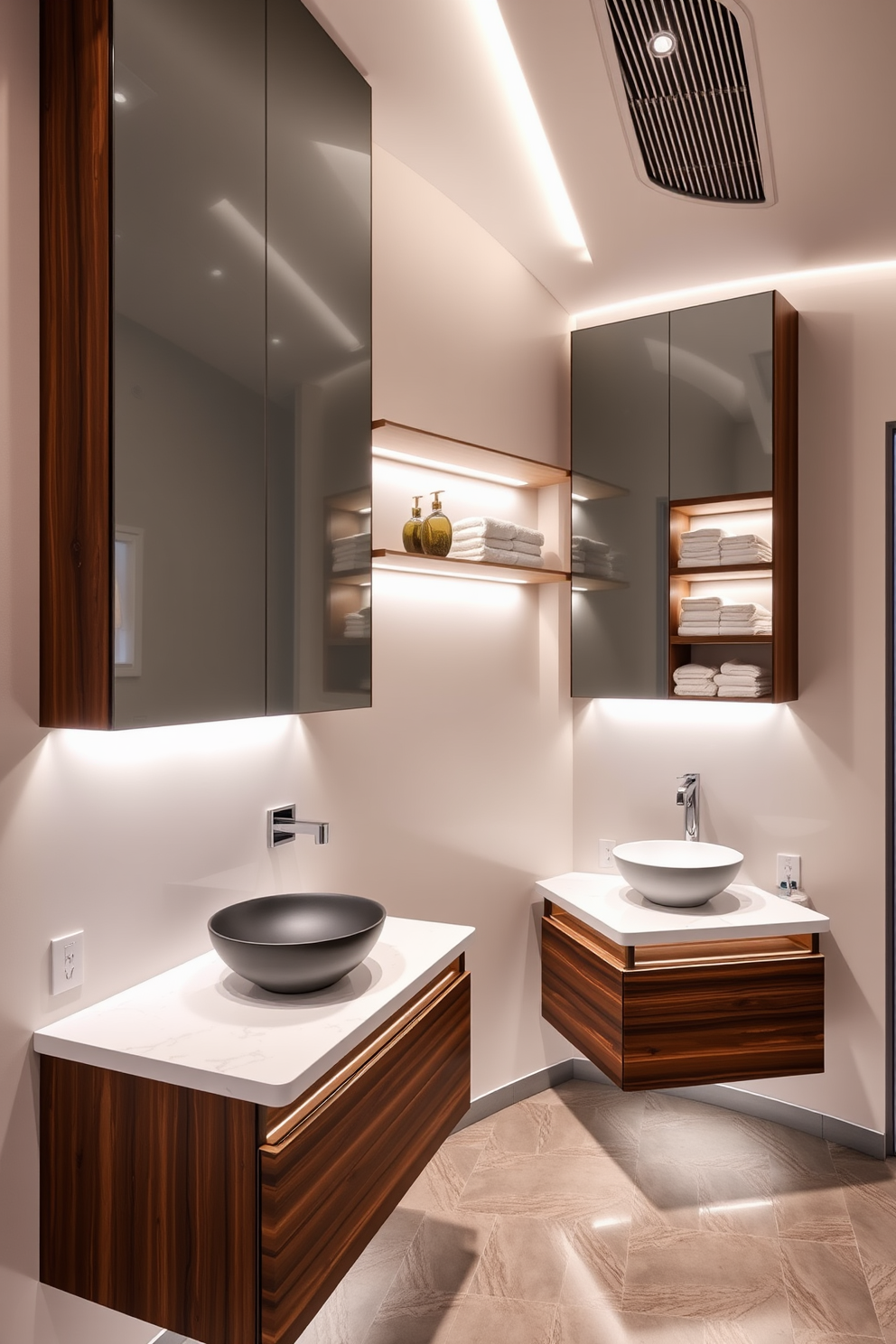 A modern bathroom design featuring mirrored cabinets that enhance the sense of spaciousness. The cabinets are sleek and minimalist, reflecting the light and creating an airy atmosphere. The cabinetry is complemented by a stylish countertop made of quartz, with elegant fixtures that add a touch of luxury. Soft ambient lighting highlights the reflections and creates a warm, inviting space.