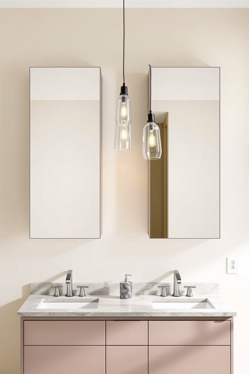 A modern bathroom design featuring mirrored cabinets that enhance light reflection. The cabinets are sleek and minimalist, positioned above a stylish double sink vanity with a polished stone countertop. The walls are painted in a soft neutral tone, creating a warm and inviting atmosphere. Elegant pendant lights hang above the vanity, casting a gentle glow that complements the reflective surfaces of the cabinets.