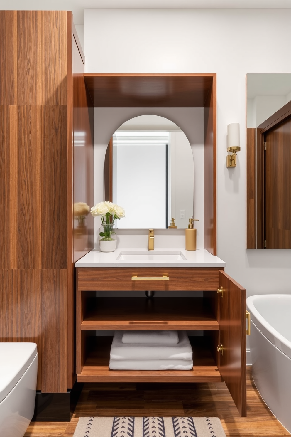 Elegant hardware for a polished finish. The cabinet features sleek, brushed gold handles that complement the rich wood grain of the cabinetry. Bathroom cabinet design ideas. A stylish floating vanity showcases a combination of open shelving and closed storage, creating a modern yet functional space.