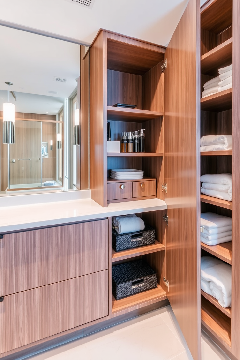 A modern laundry room featuring integrated laundry hampers within sleek cabinetry. The cabinets are finished in a soft gray tone with minimalist hardware, creating a seamless look. The hampers are discreetly located behind cabinet doors, allowing for easy access while maintaining a tidy appearance. Above the hampers, open shelving displays neatly folded towels and decorative storage baskets for organization.