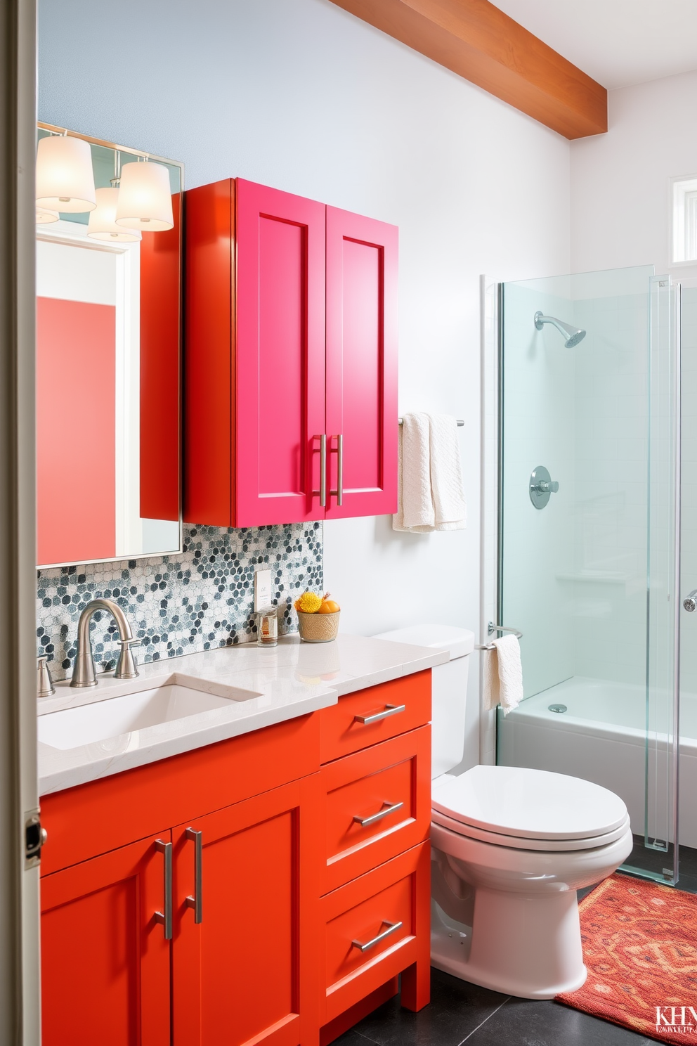 A vibrant bathroom setting featuring bold colored cabinets that add a lively touch to the space. The cabinets are complemented by sleek hardware and are paired with a striking backsplash that enhances the overall aesthetic.