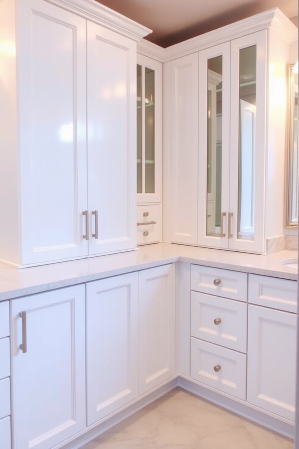 A stylish bathroom featuring glass front cabinets that elegantly showcase neatly arranged towels and decorative items. The cabinets are framed in a sleek white finish, complementing the soft gray walls and providing a modern touch to the space. The bathroom also includes a spacious countertop with a double sink setup, surrounded by chic accessories. Natural light floods the room through a nearby window, highlighting the beauty of the open display and creating an inviting atmosphere.