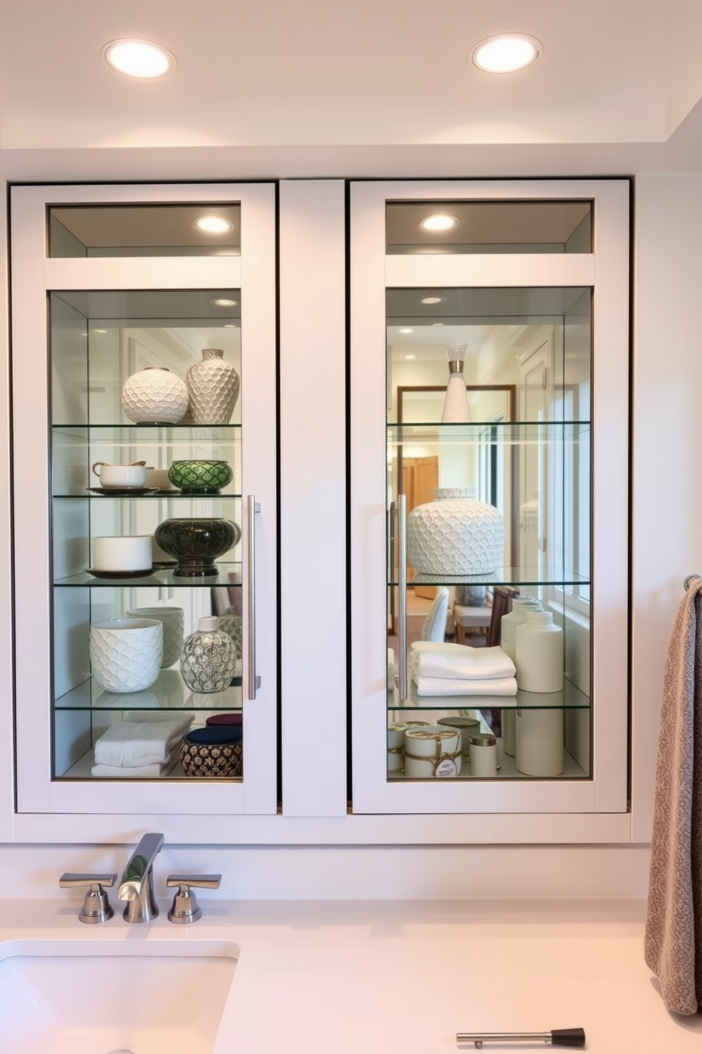 A modern bathroom design featuring glass front cabinets that elegantly showcase decorative items and neatly organized toiletries. The cabinets are framed in brushed nickel, complementing the sleek lines of the overall aesthetic. The cabinetry is paired with a minimalist white countertop and a stylish undermount sink. Soft ambient lighting highlights the contents of the cabinets, creating a warm and inviting atmosphere.