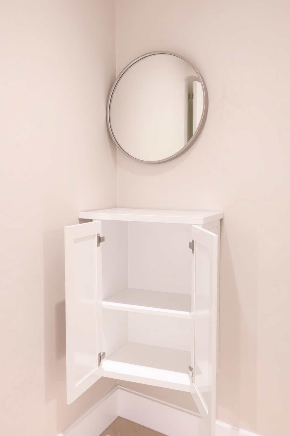 A compact corner cabinet designed for a small bathroom. The cabinet features a sleek white finish with minimalist hardware and is fitted snugly into the corner, maximizing space while providing ample storage. The interior includes adjustable shelves for versatile organization. Above the cabinet, a round mirror with a simple frame reflects the light, enhancing the sense of openness in the room.