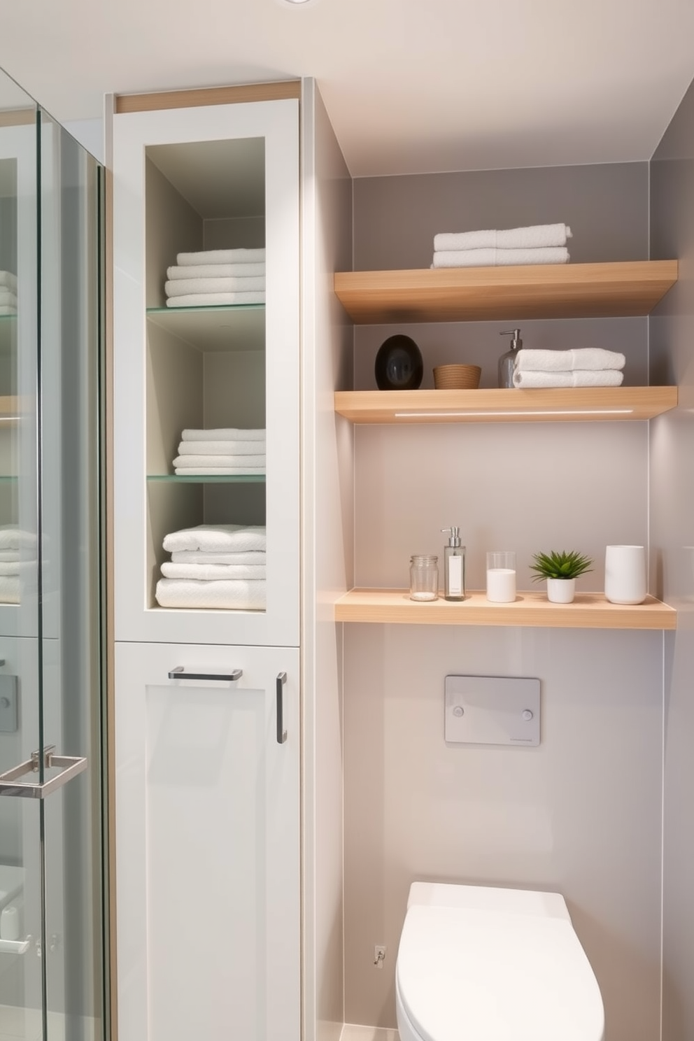 A modern bathroom featuring open shelving for easy access and storage. The shelves are made of light wood and are neatly organized with towels, toiletries, and decorative items. Incorporate a sleek bathroom cabinet design that complements the open shelving. The cabinet has a minimalist aesthetic with a glossy finish and integrated handles for a seamless look.