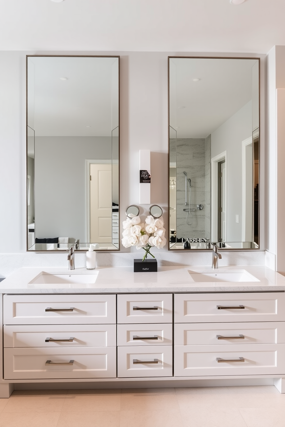 A spacious bathroom features a double vanity with a sleek design and matching mirrors that enhance symmetry. The mirrors are elegantly framed, reflecting the stylish fixtures and providing a sense of balance to the space. The cabinetry is designed with a modern aesthetic, incorporating clean lines and high-quality materials. Soft-close drawers and ample storage create a functional yet luxurious environment, perfect for a high-end bathroom.