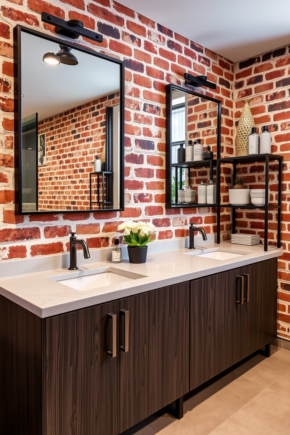 A contemporary bathroom featuring industrial metal accents that enhance the urban vibe. The cabinet design incorporates sleek metal handles and a textured finish, creating a striking contrast against the smooth surfaces. The walls are adorned with exposed brick, adding character and warmth to the space. Large mirrors with metal frames reflect the stylish design elements, while open shelving displays neatly arranged toiletries and decorative items.