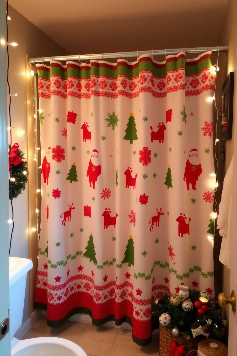 A festive shower curtain adorned with vibrant holiday prints hangs gracefully in a cozy bathroom. The space is enhanced with twinkling string lights and a cheerful arrangement of seasonal decorations, creating a warm and inviting atmosphere.