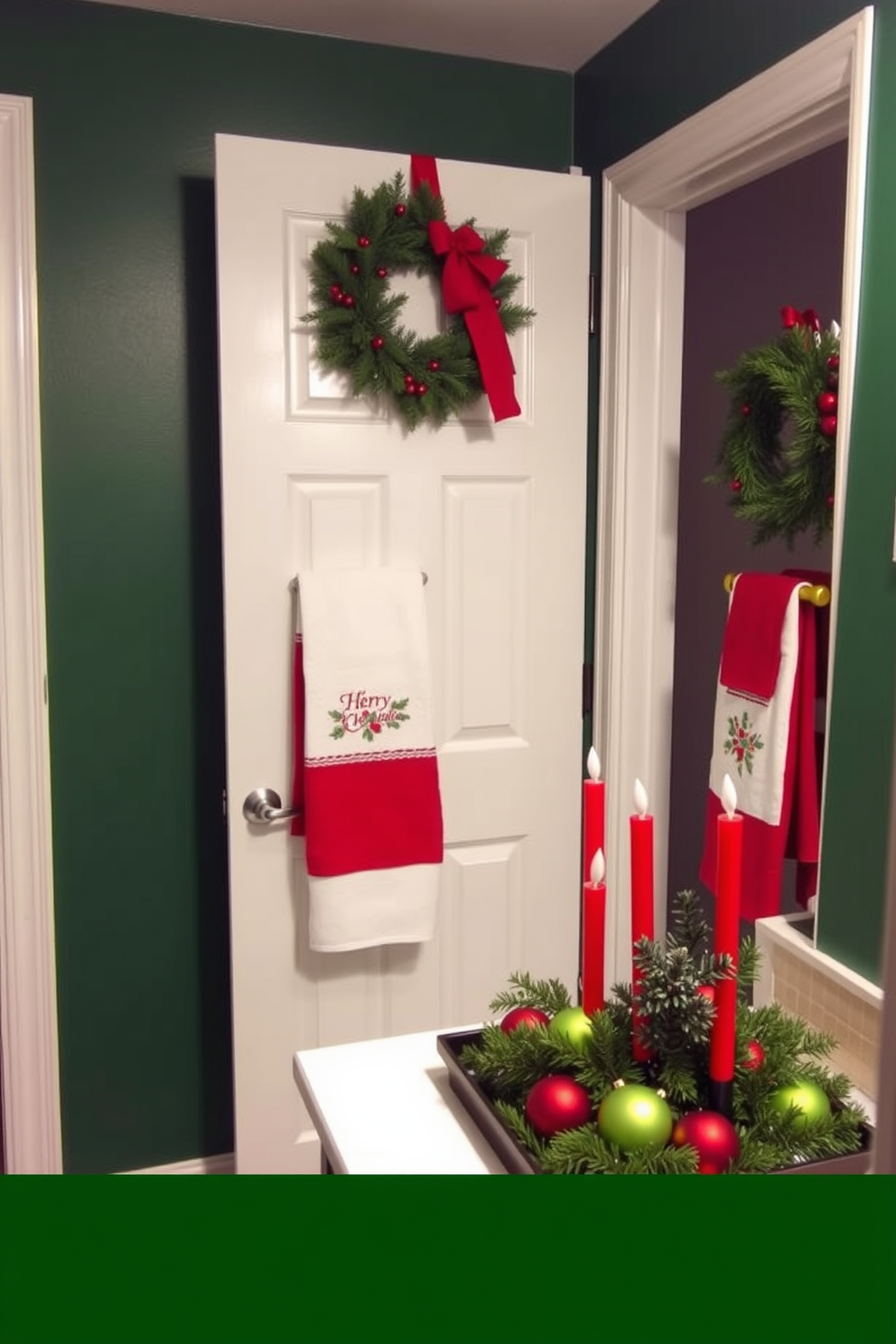 A festive bathroom setting adorned with red and green accents. The walls are decorated with a rich emerald green, complemented by red and white holiday-themed towels hanging from the towel rack. A beautiful wreath made of pine and red berries is hung on the door. A decorative tray on the countertop features red candles, green ornaments, and a small evergreen arrangement for a cheerful holiday touch.