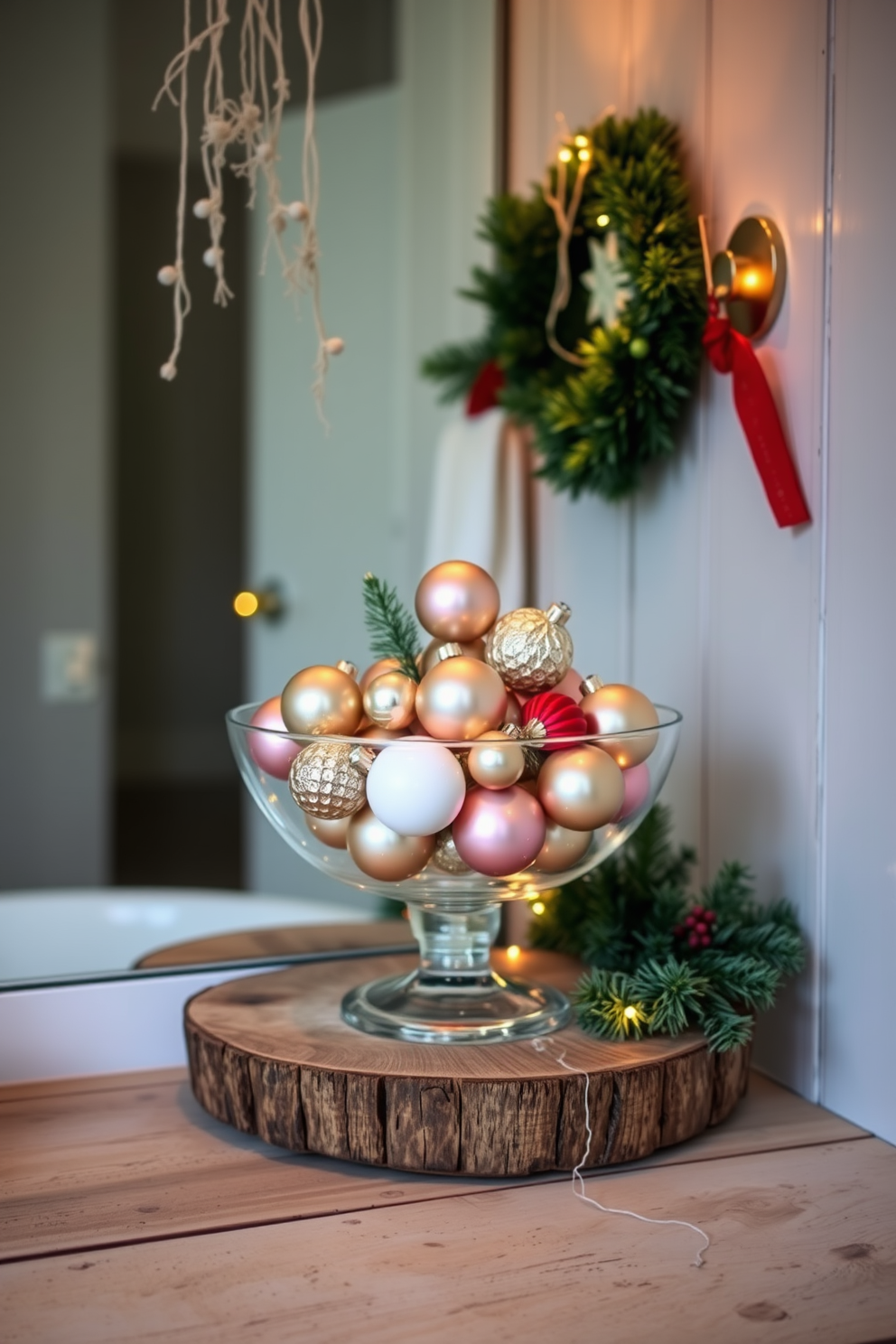 A cozy bathroom adorned with seasonal artwork depicting festive holiday scenes. The walls are decorated with framed prints of snowy landscapes and cheerful holiday motifs, creating a warm and inviting atmosphere. The vanity is draped with a rich red and green holiday-themed runner, enhancing the seasonal decor. A small evergreen tree sits on the countertop, surrounded by twinkling fairy lights and festive ornaments.