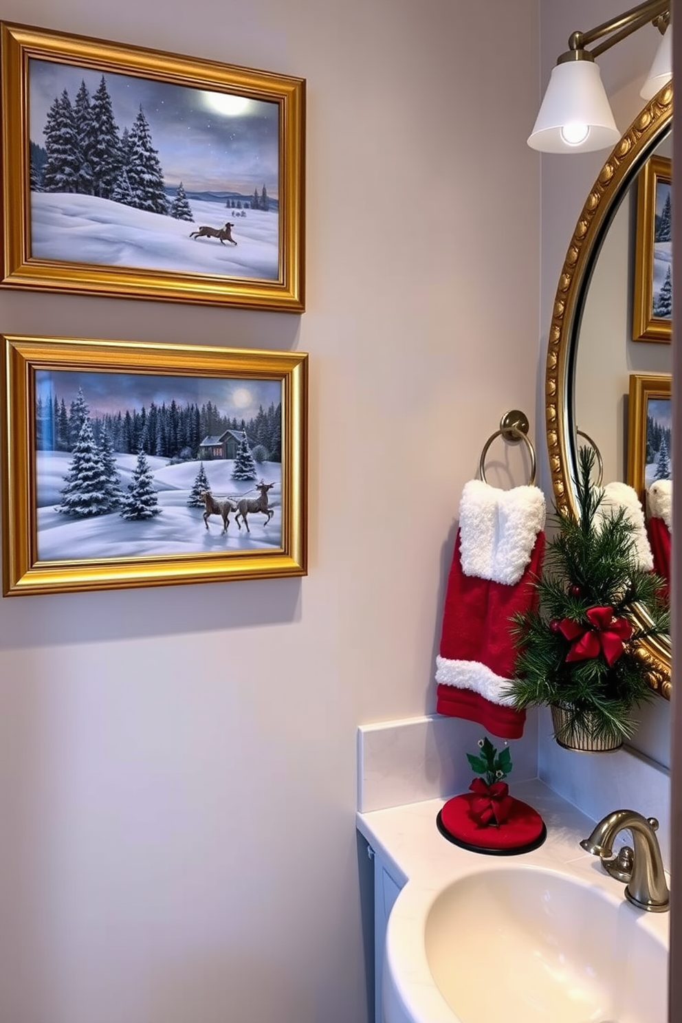 Holiday artwork in gilded frames adorns the walls, creating a festive atmosphere. The artwork features serene winter landscapes and cheerful holiday scenes that evoke warmth and joy. A beautifully decorated bathroom showcases Christmas-themed accents. Plush towels in rich red and green hues complement the elegant decor, while a small evergreen arrangement adds a touch of nature to the space.