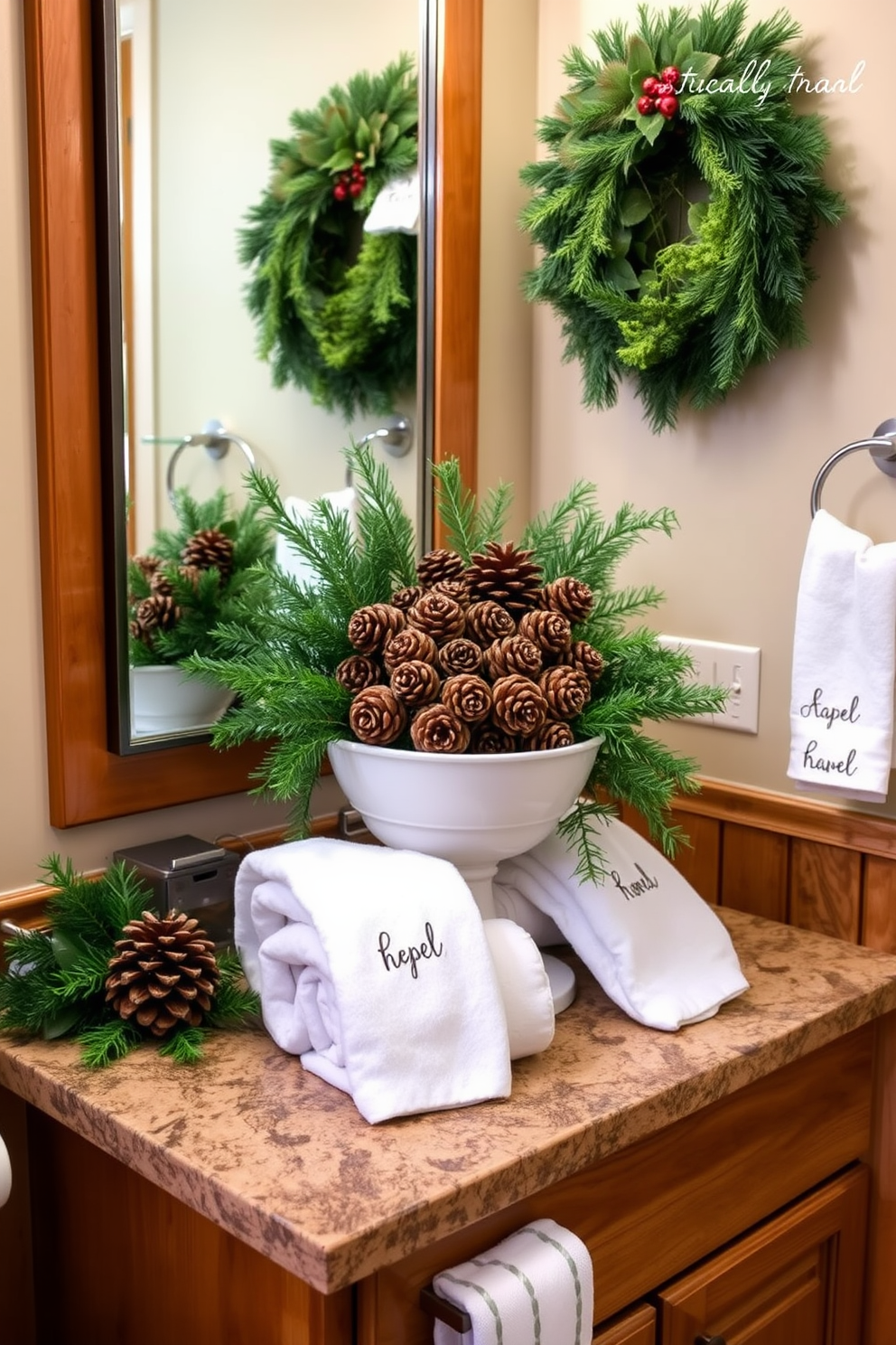 A cozy bathroom decorated for Christmas features pinecones and lush greenery as elegant centerpieces. The warm tones of the wooden accents complement the festive decor, creating a welcoming atmosphere. The countertop is adorned with a beautiful arrangement of pinecones nestled among vibrant green foliage. Soft white towels and holiday-themed accessories enhance the seasonal charm of the space.