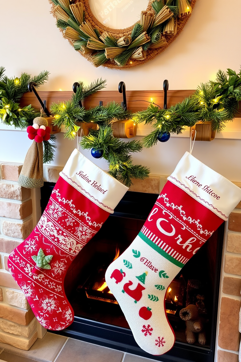 Personalized stockings are elegantly displayed on rustic wooden hooks, each one adorned with unique names and festive designs. The backdrop features a cozy fireplace, decorated with evergreen garlands and twinkling fairy lights, creating a warm holiday atmosphere.