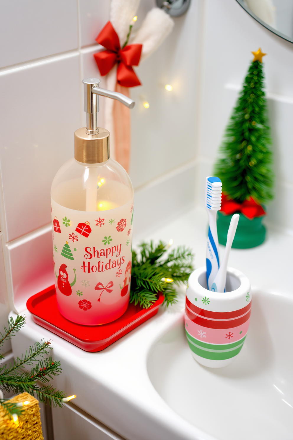 A festive bathroom setting featuring a cheerful soap dispenser and a matching toothbrush holder. The soap dispenser is adorned with holiday-themed designs and sits on a bright red tray next to the sink. The toothbrush holder complements the dispenser with its vibrant colors and playful patterns. Surrounding these accessories are subtle Christmas decorations, such as a small evergreen arrangement and twinkling fairy lights.