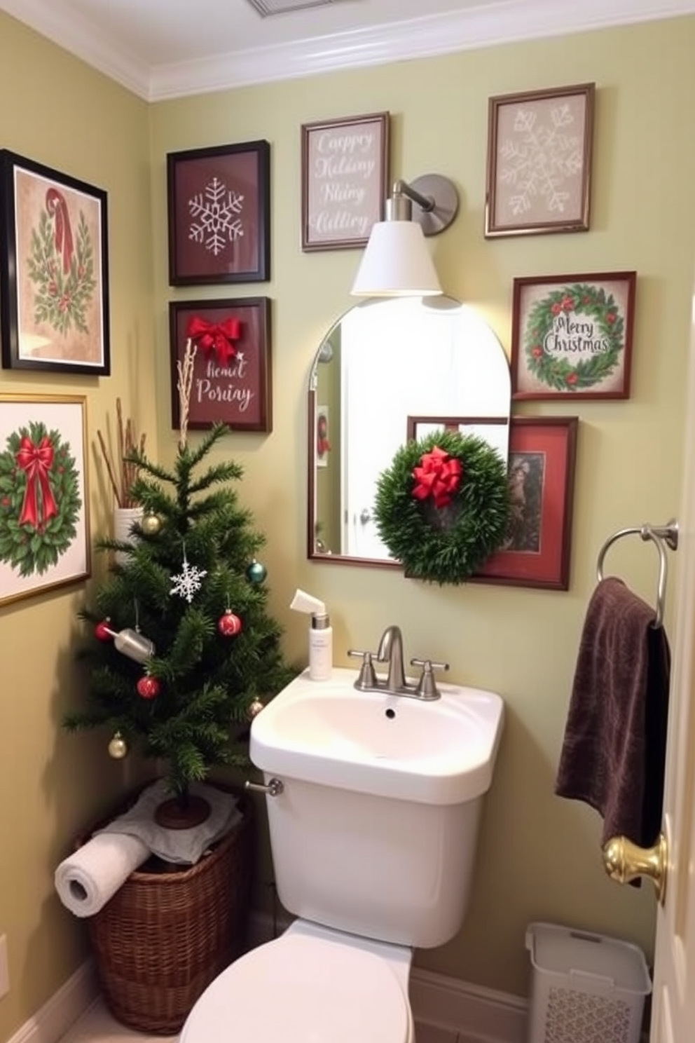 Miniature reindeer figurines are artfully arranged on wooden shelves, creating a whimsical holiday atmosphere. Soft white lights twinkle around the shelves, enhancing the festive charm of the display. The bathroom is adorned with Christmas decorations, featuring a small evergreen tree in the corner. Red and gold accents are incorporated through towels and ornaments, bringing warmth to the seasonal decor.