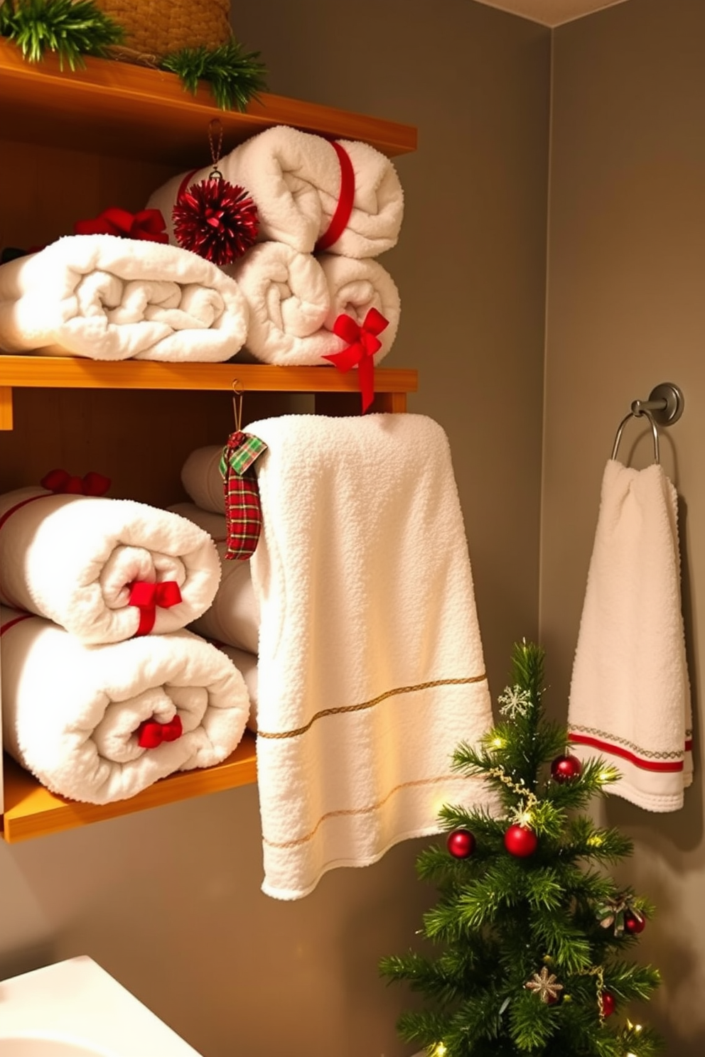 A cozy bathroom setting adorned for Christmas. Fluffy towels are rolled neatly like presents, creating a festive touch on the wooden shelves. Bright red and green decorations hang from the towel rack, adding a cheerful holiday spirit. A small evergreen tree sits in the corner, decorated with twinkling lights and ornaments.